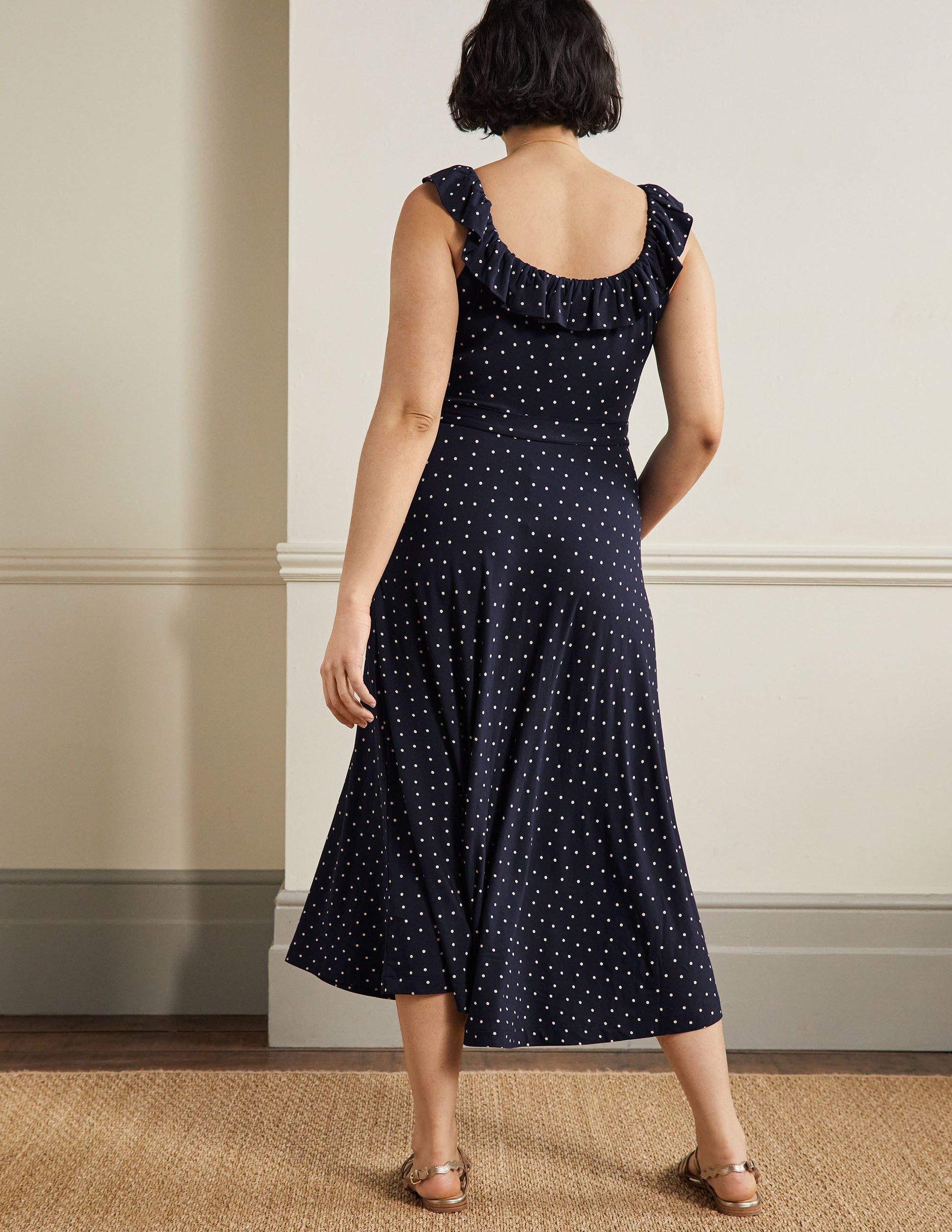 Ruffle Neck Jersey Midi Dress-French Navy, Pin Dot-7