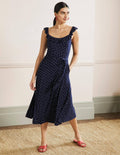 Ruffle Neck Jersey Midi Dress-French Navy, Pin Dot
