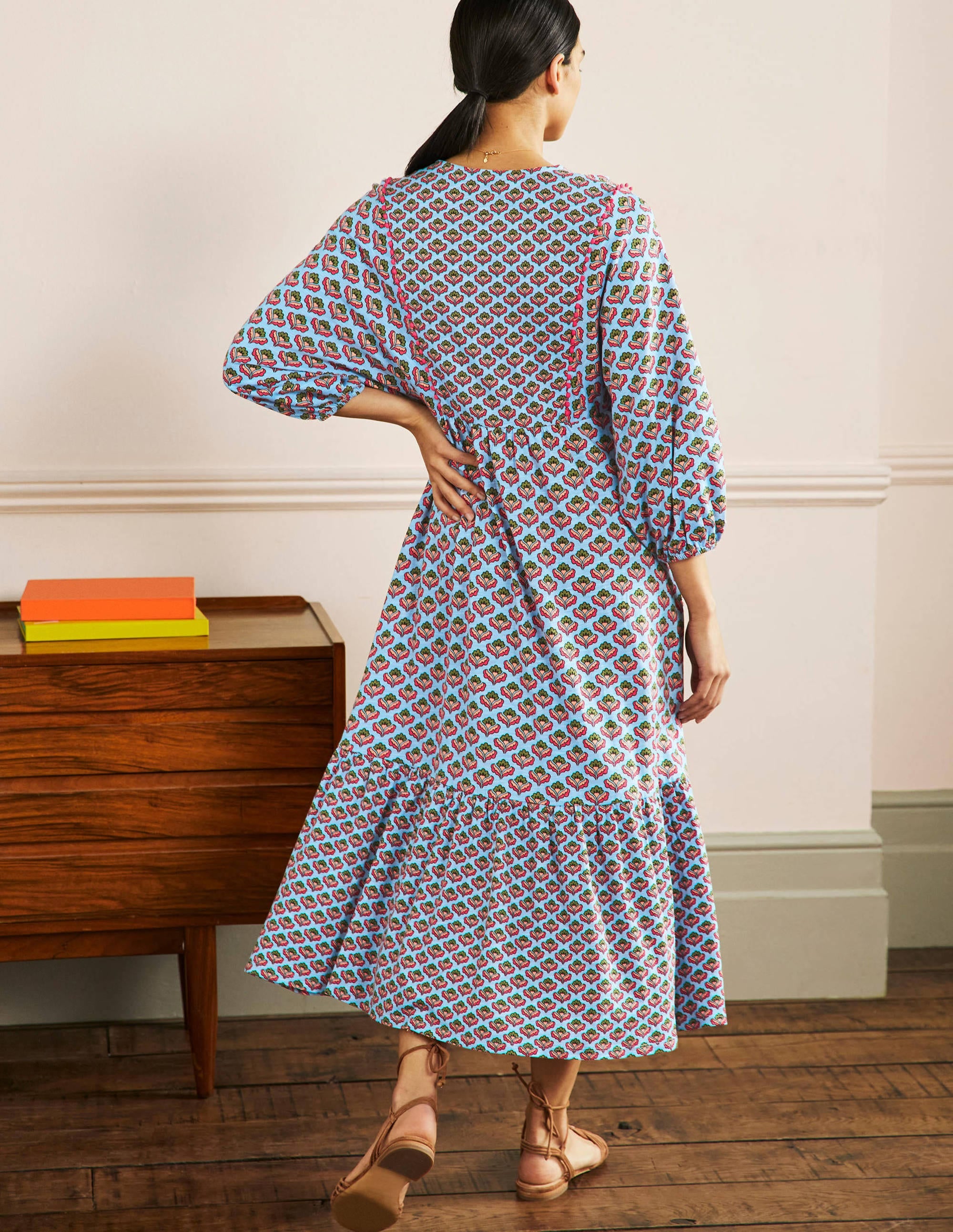 Robe midi Anita en jersey-Bleu ancien, motif Oriental Bud - Image 3