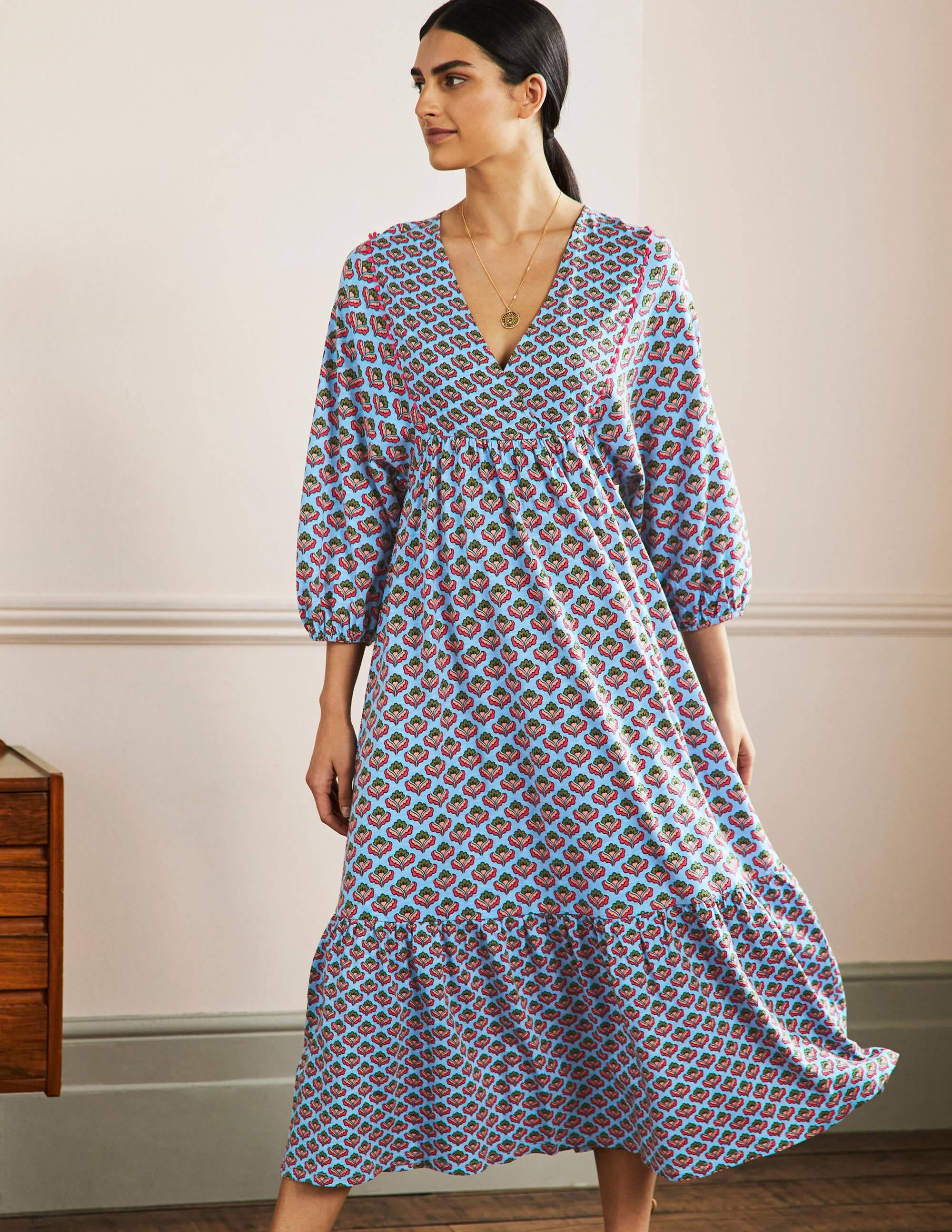 Robe midi Anita en jersey-Bleu ancien, motif Oriental Bud - Image 4