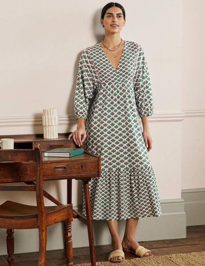 Anita Jersey-Midikleid-Efeugrün, Orientalische Blüten