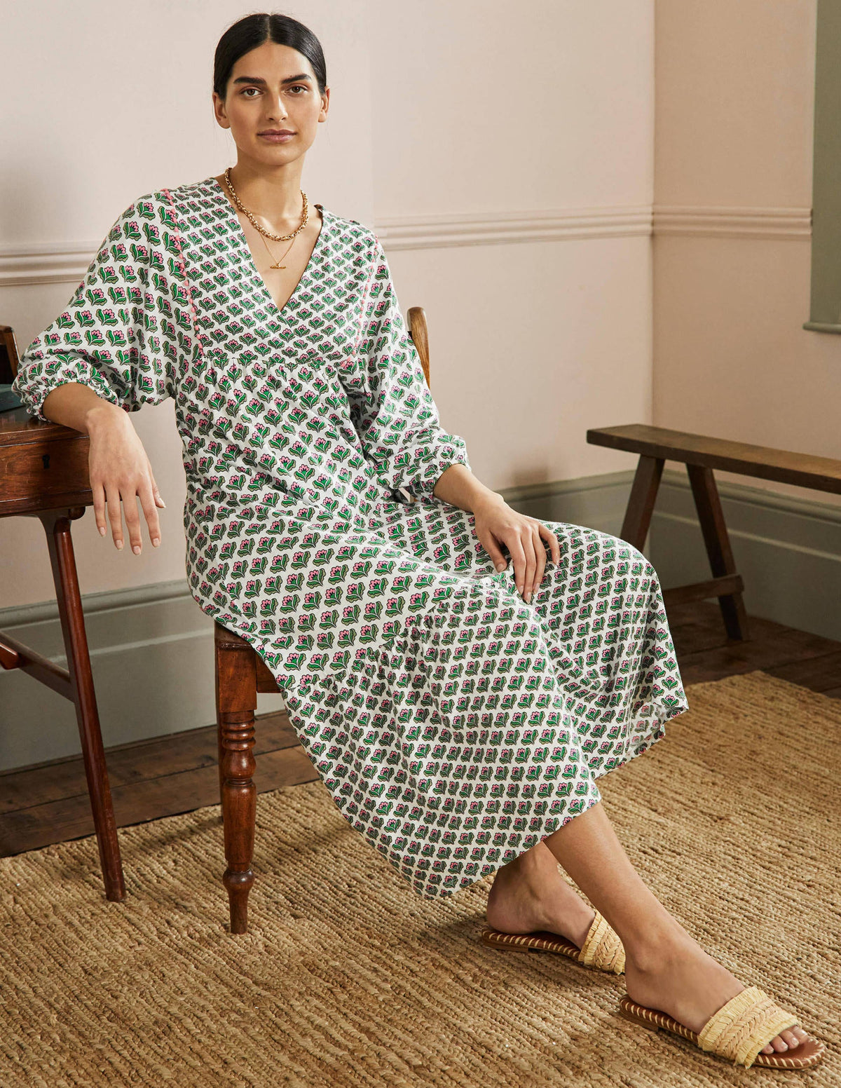Anita Jersey-Midikleid-Efeugrün, Orientalische Blüten - Image 4