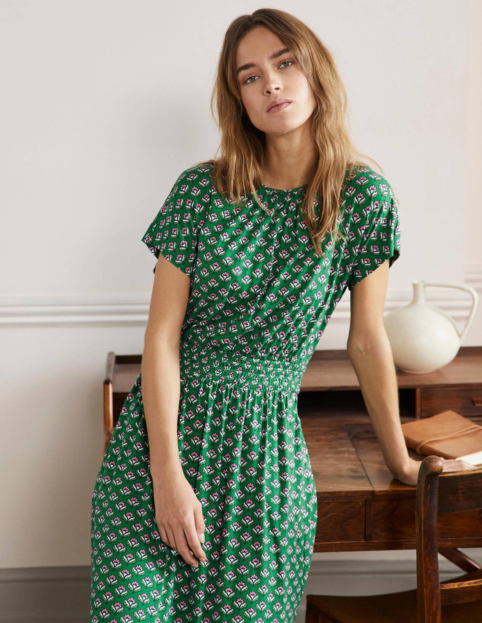 Robe midi en jersey-Motif géométrique vert des Highlands-4
