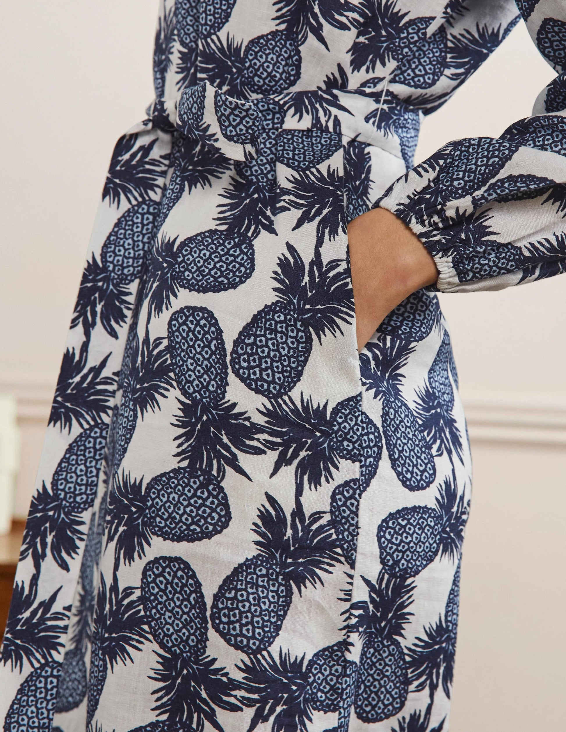 Robe longue à manches longues en lin-Ivoire, motif Pineapple Cluster-2