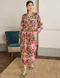 Long Sleeve Linen Maxi Dress-Azalea, Decorative Blooms