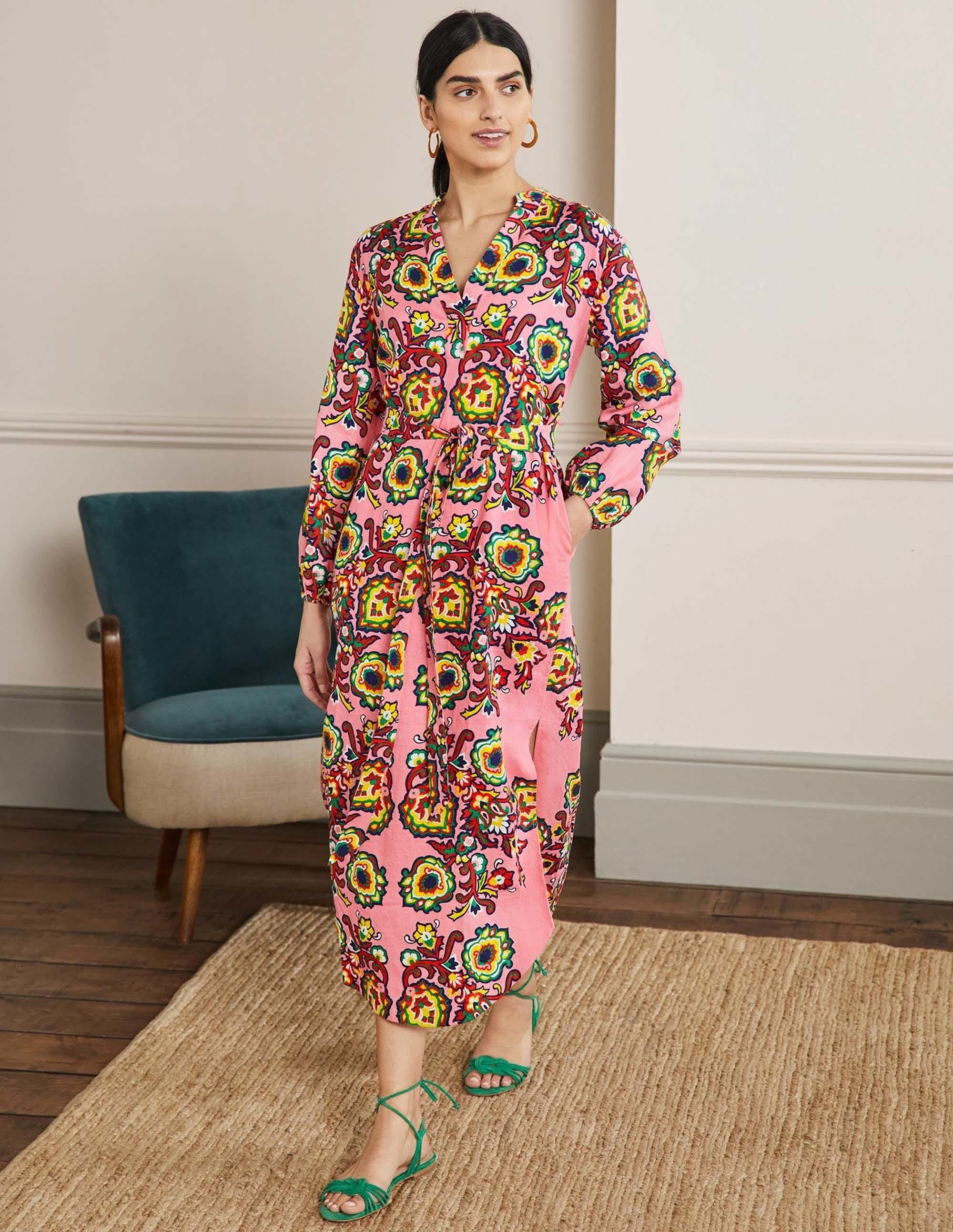 Long Sleeve Linen Maxi Dress-Azalea, Decorative Blooms - Image 1