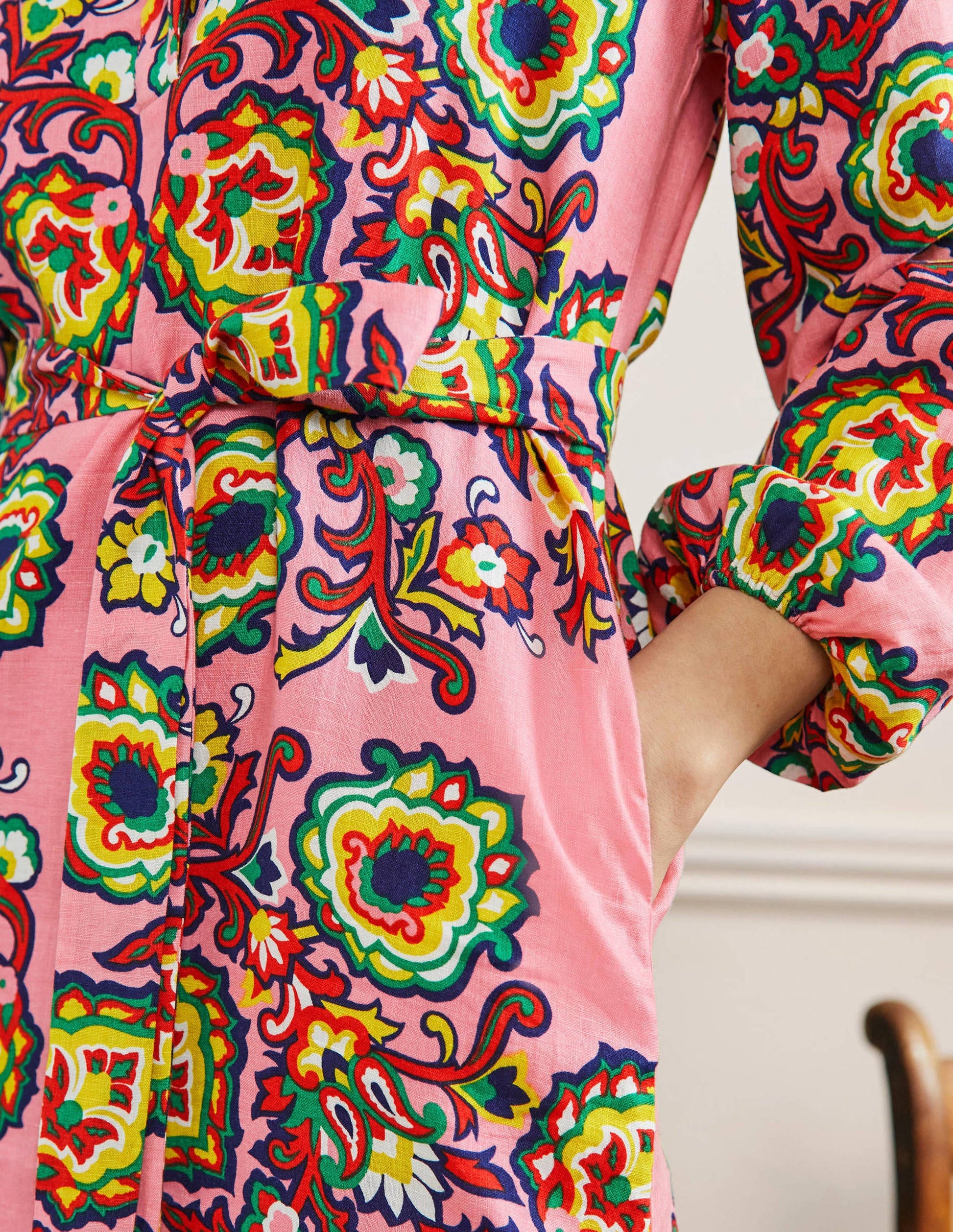 Long Sleeve Linen Maxi Dress-Azalea, Decorative Blooms-2