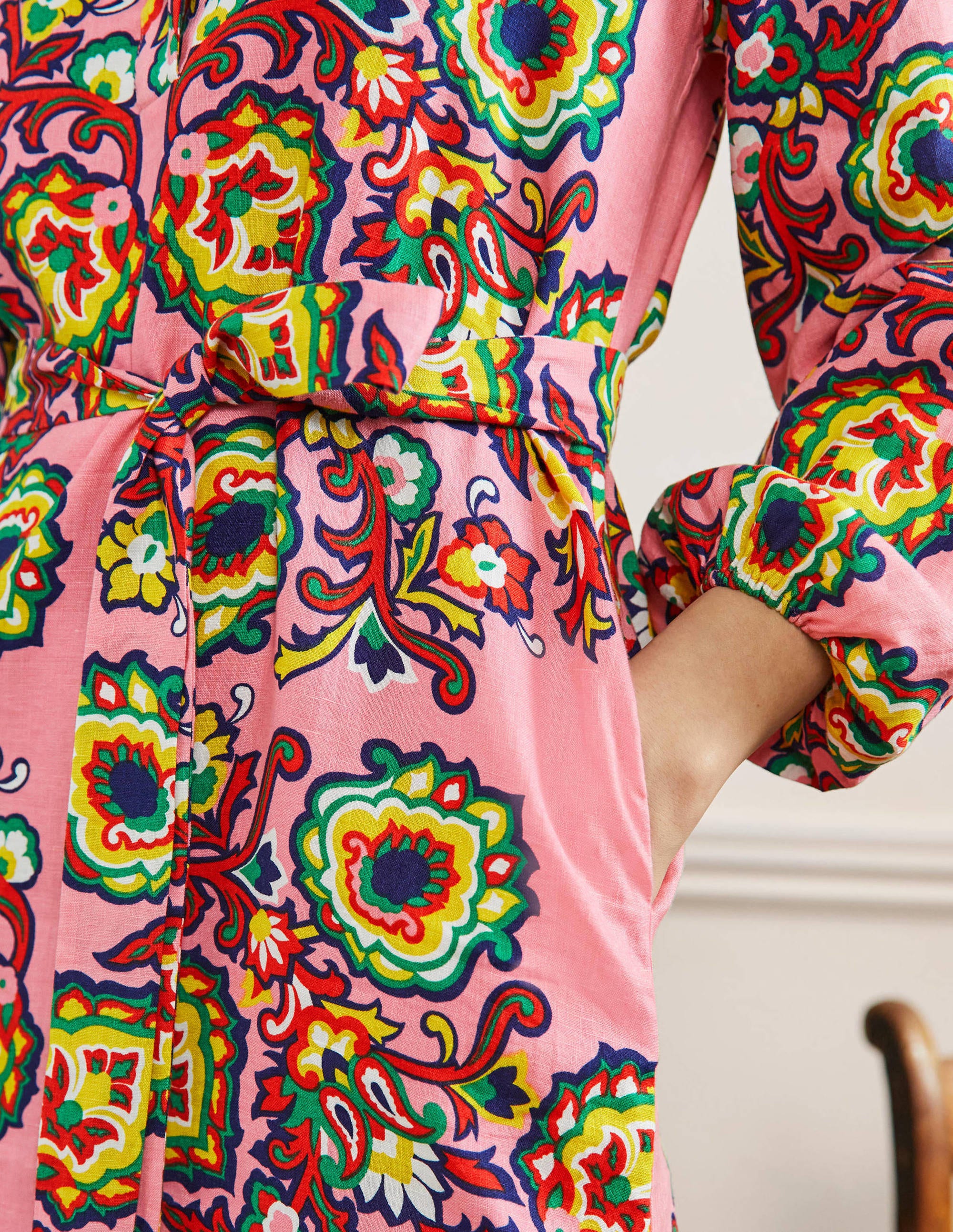 Long Sleeve Linen Maxi Dress-Azalea, Decorative Blooms - Image 2