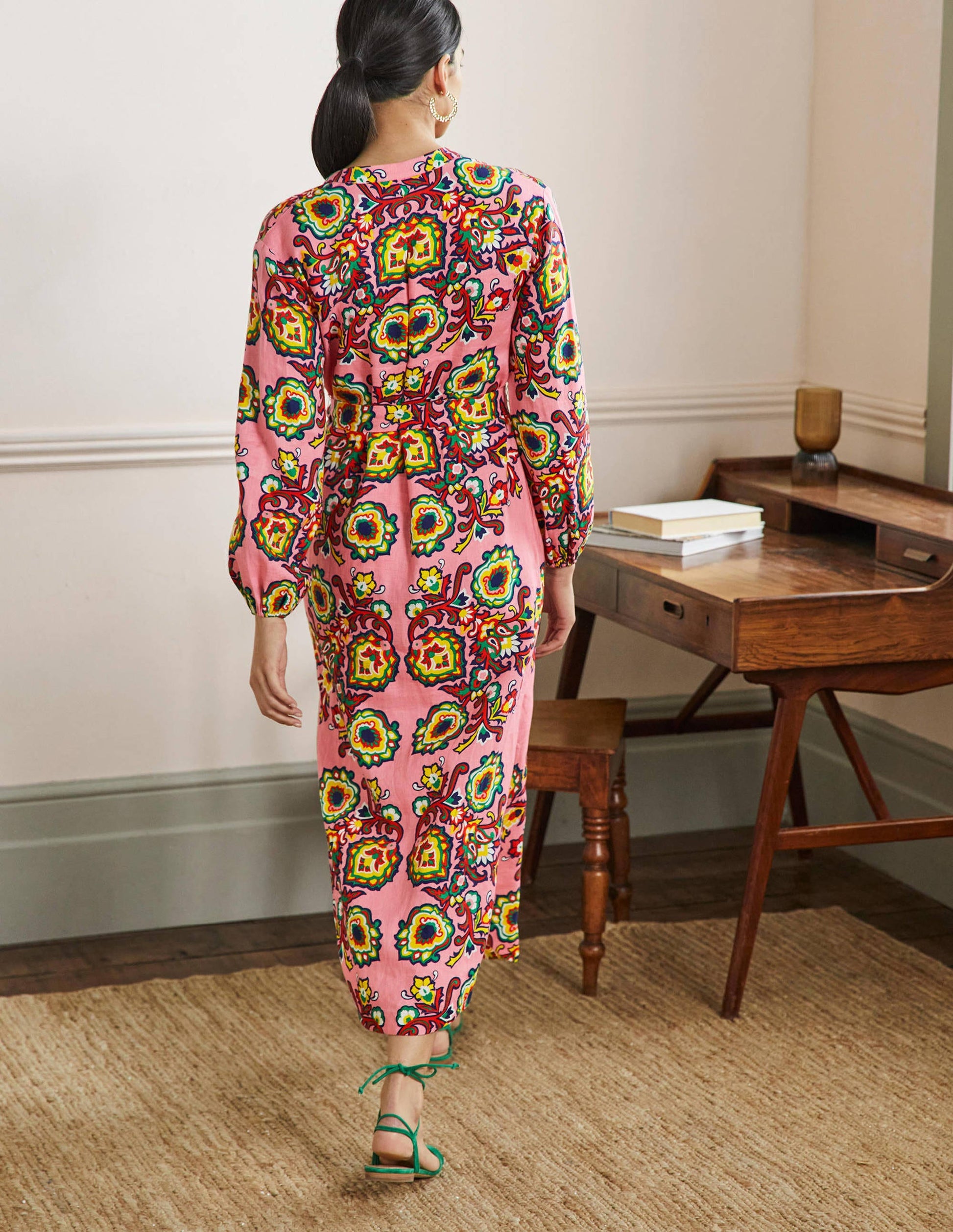Long Sleeve Linen Maxi Dress-Azalea, Decorative Blooms-3
