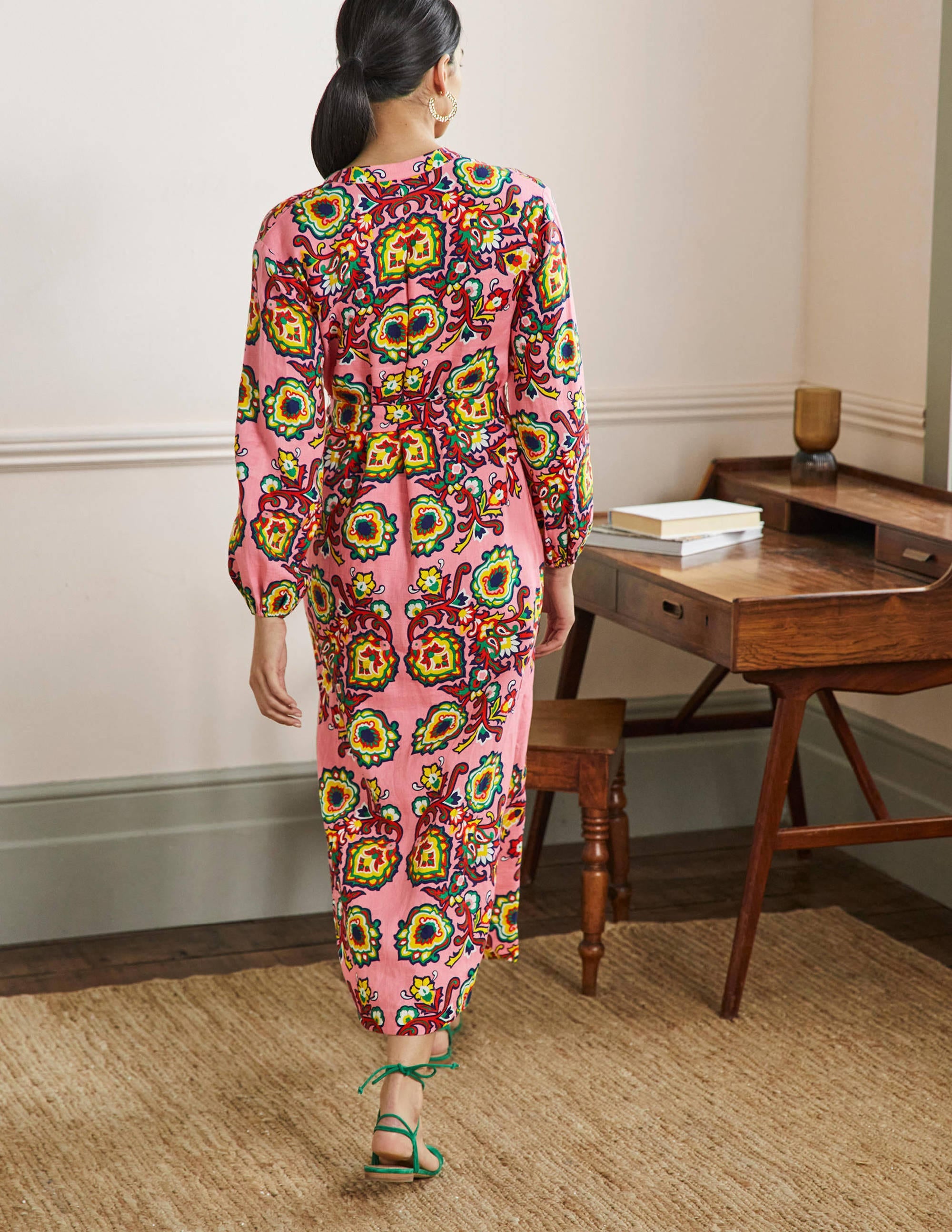 Long Sleeve Linen Maxi Dress-Azalea, Decorative Blooms - Image 3