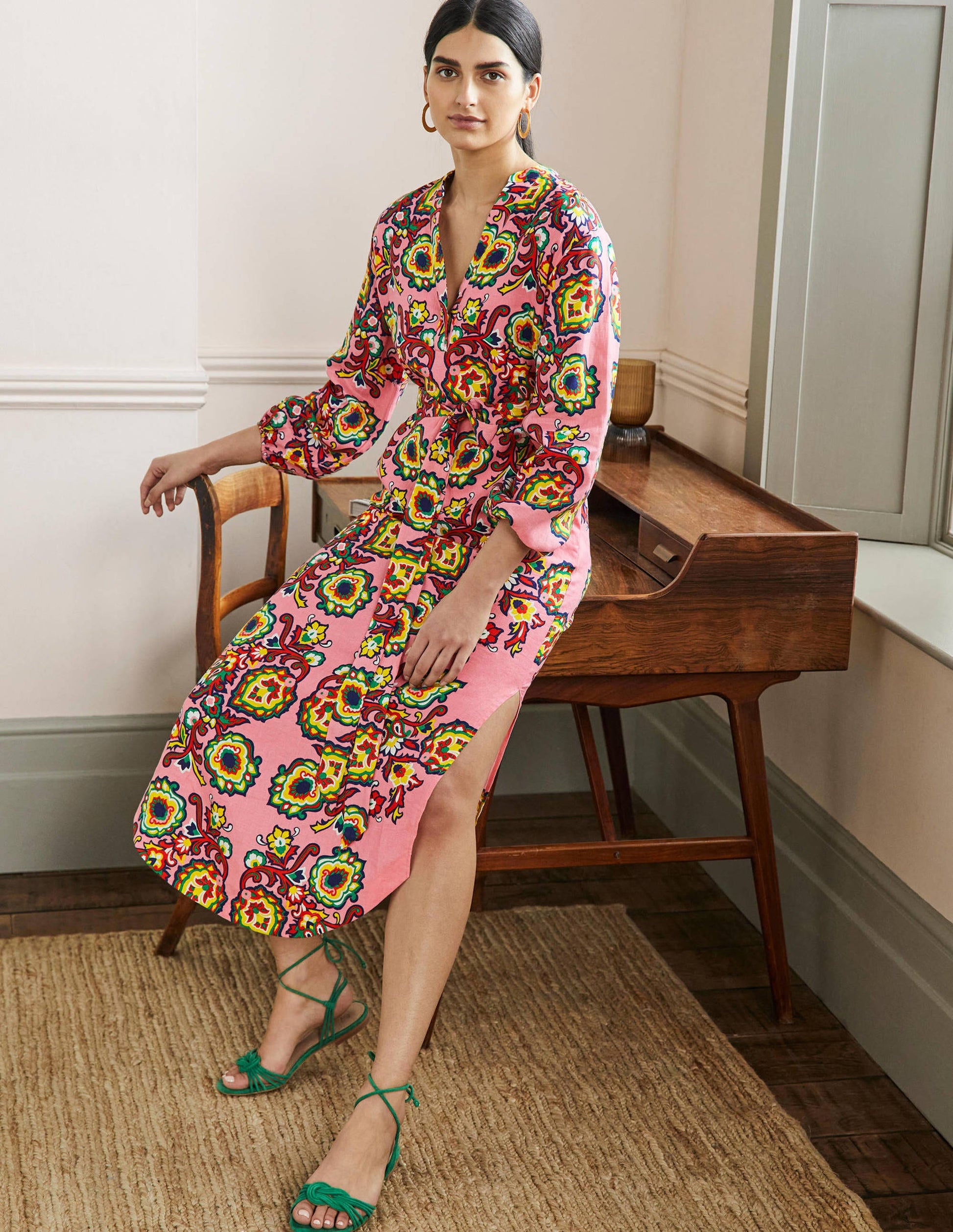 Long Sleeve Linen Maxi Dress-Azalea, Decorative Blooms-4