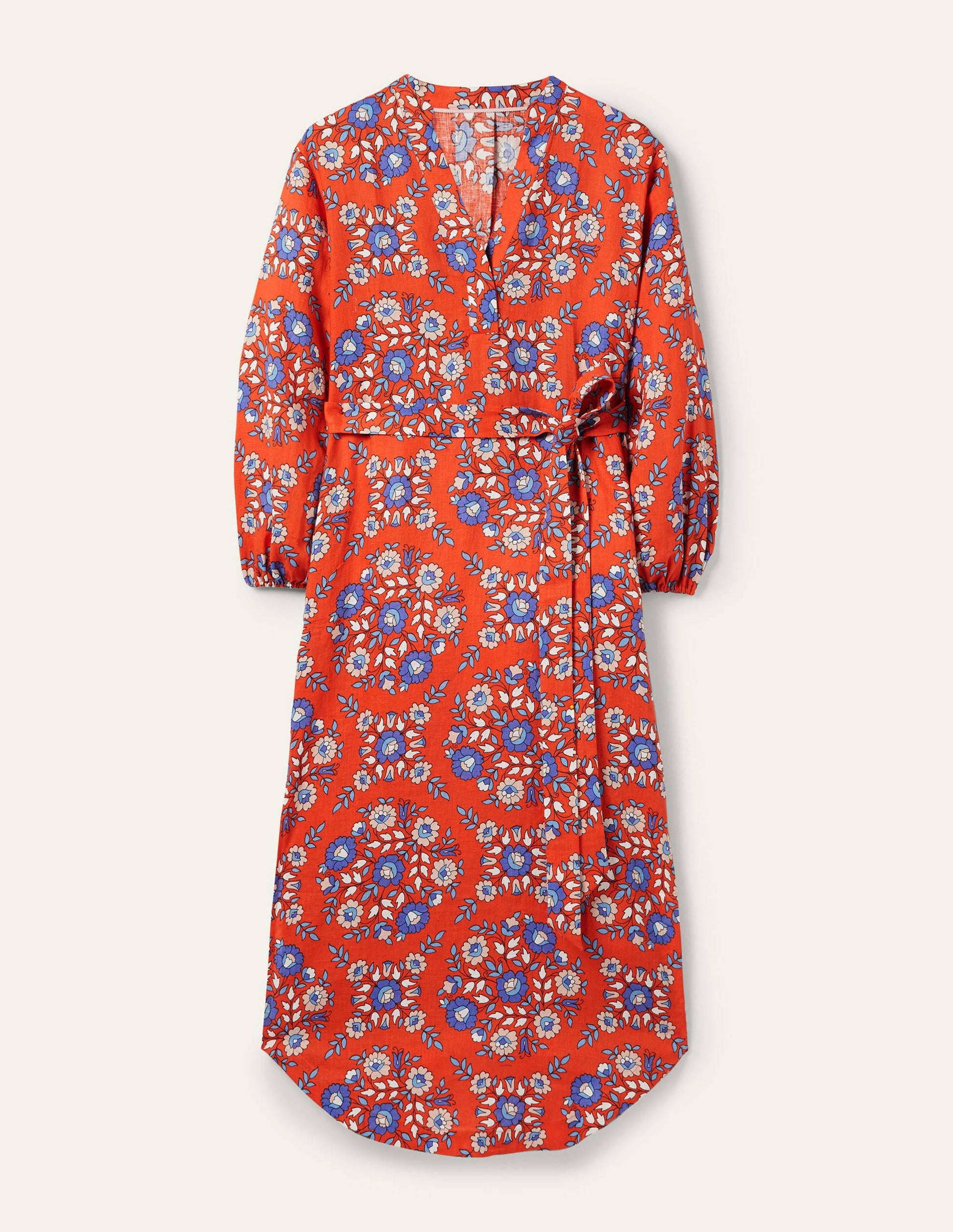 Langärmliges Maxikleid aus Leinen-Papayaorange, Wildblumenmuster-5