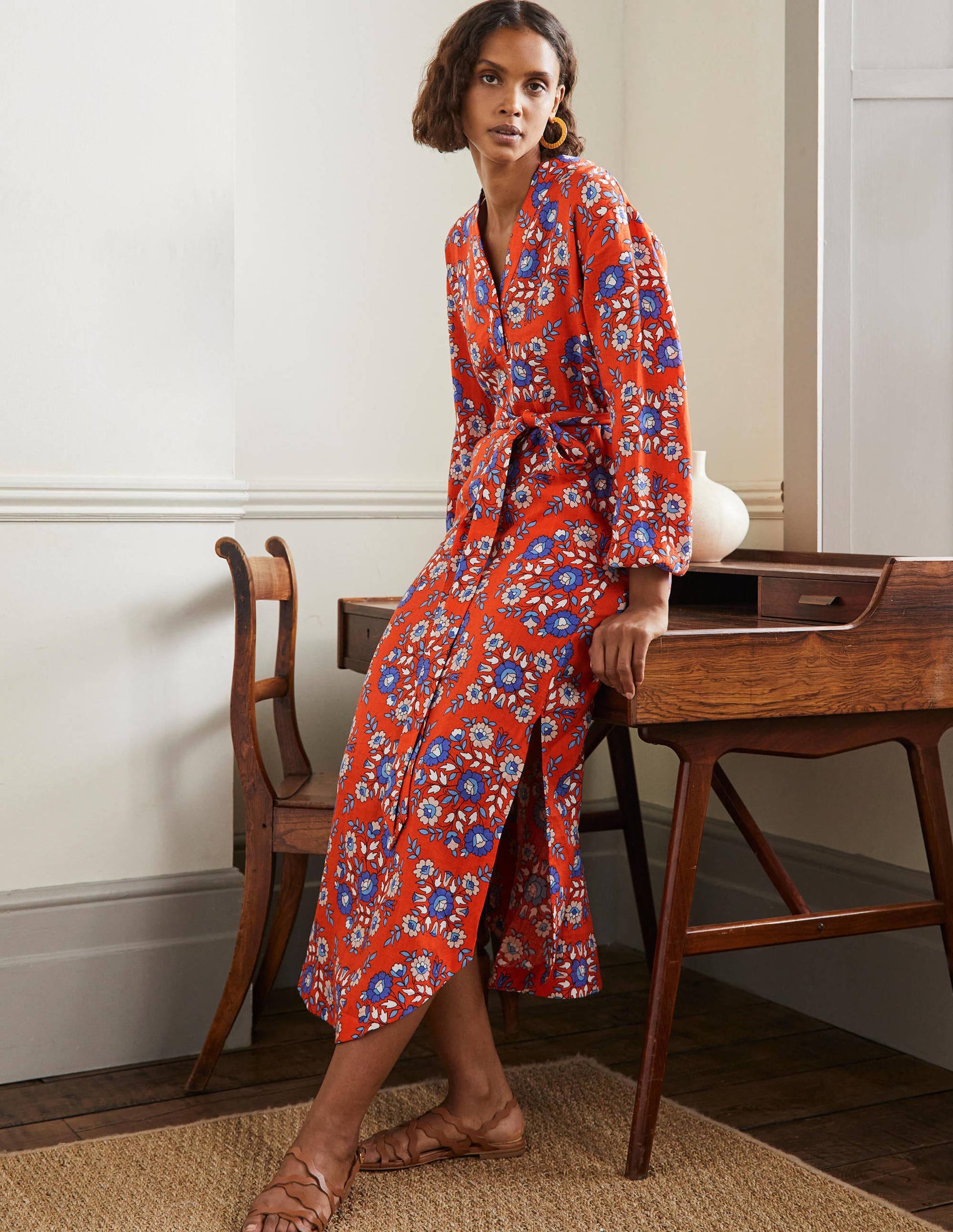 Langärmliges Maxikleid aus Leinen-Papayaorange, Wildblumenmuster-4