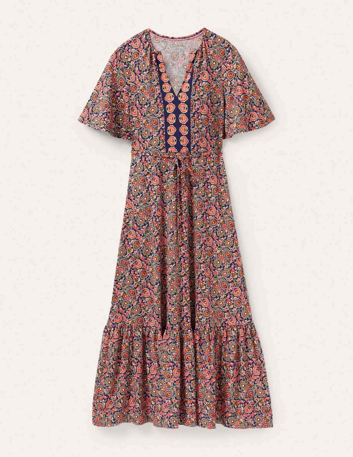 Jersey-Maxikleid mit gekerbtem Ausschnitt-Mitternachtsblau, Dekorative Blüten-5