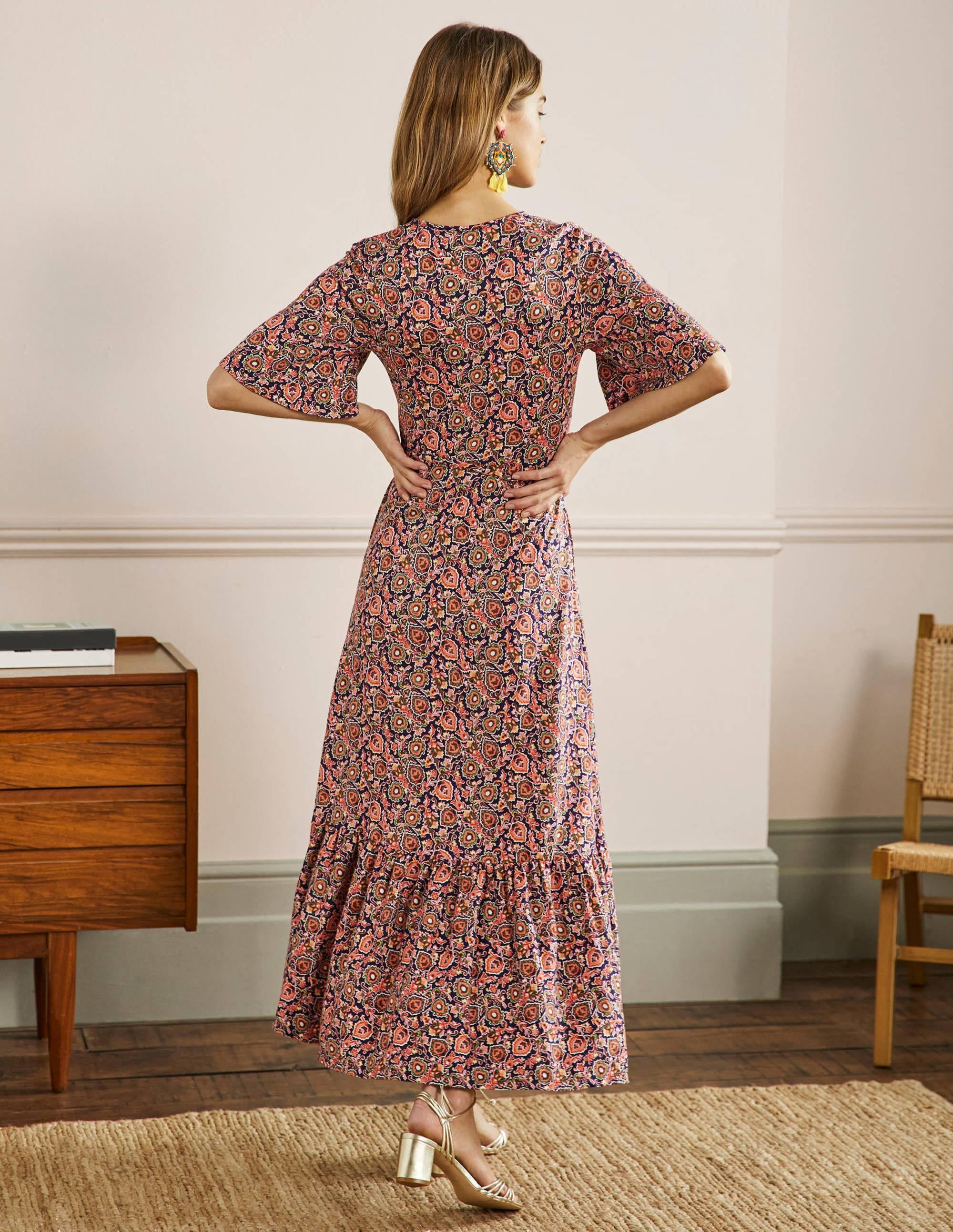 Jersey-Maxikleid mit gekerbtem Ausschnitt-Mitternachtsblau, Dekorative Blüten - Image 3