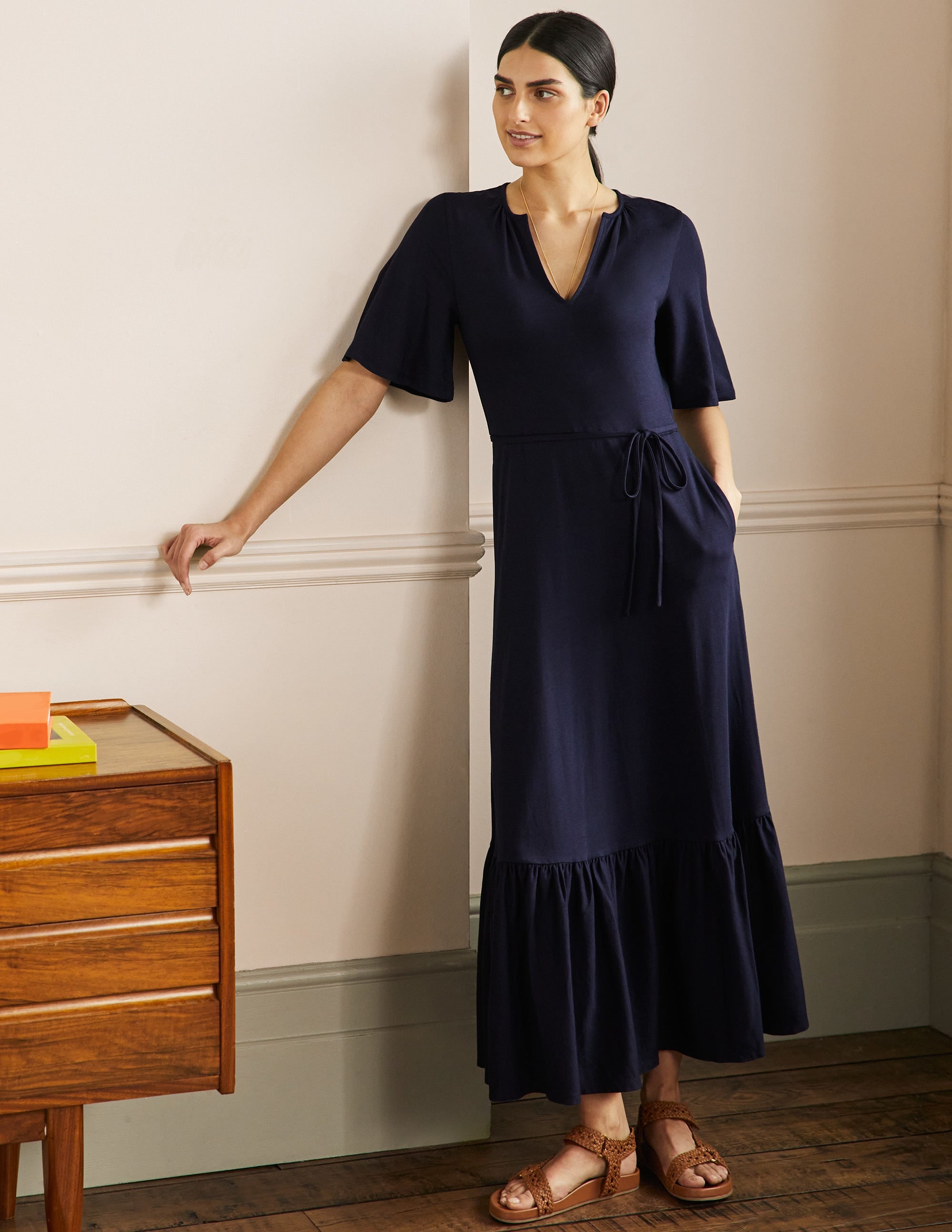 Jersey-Maxikleid mit gekerbtem Ausschnitt-Marineblau - Image 1