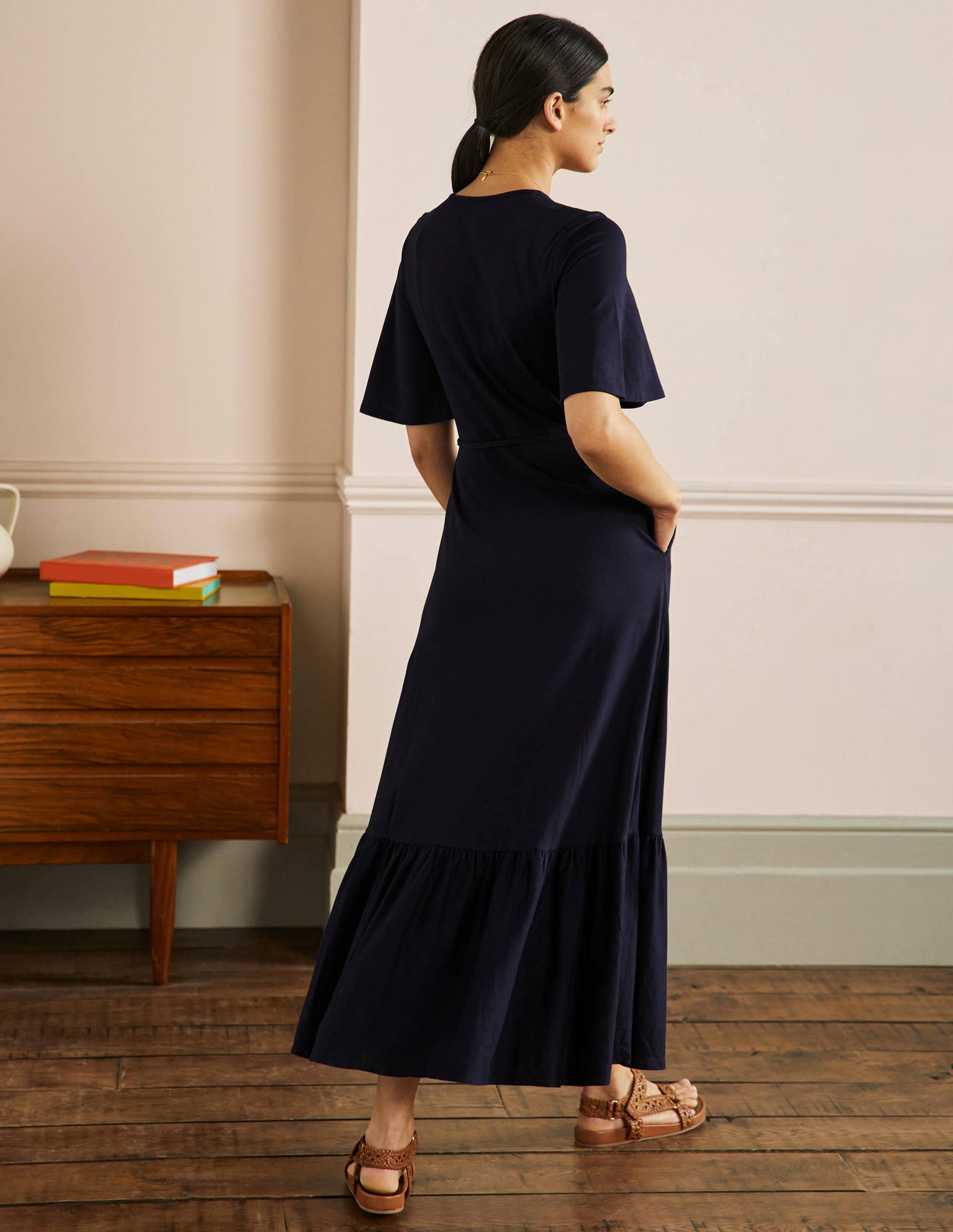 Jersey-Maxikleid mit gekerbtem Ausschnitt-Marineblau - Image 3