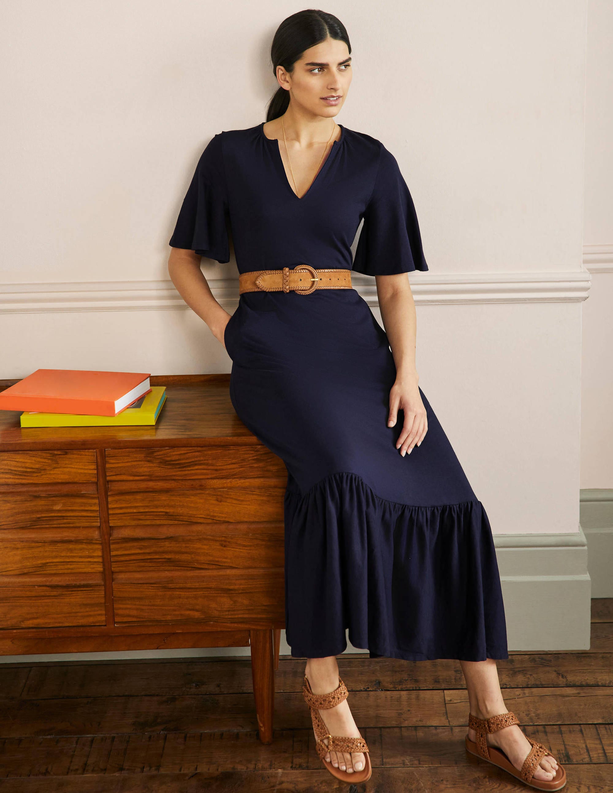 Jersey-Maxikleid mit gekerbtem Ausschnitt-Marineblau - Image 5