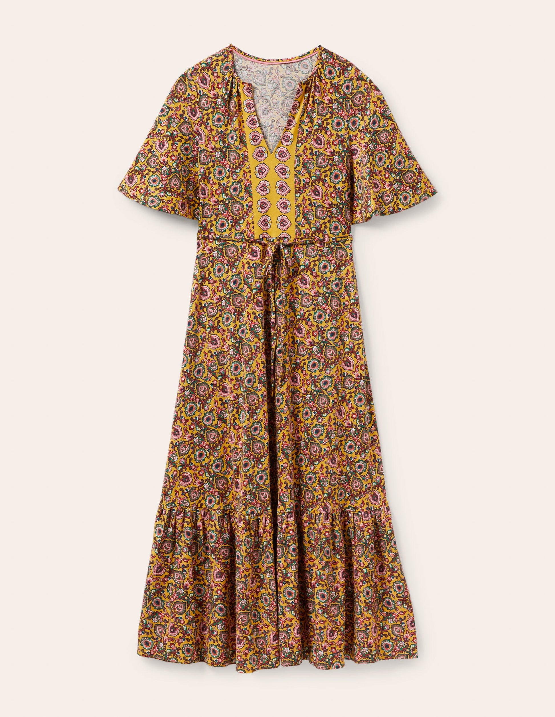 Robe longue à col cranté en jersey-Rayon de miel, motif Decorative Bloom-5