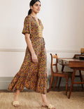 Robe longue à col cranté en jersey-Rayon de miel, motif Decorative Bloom