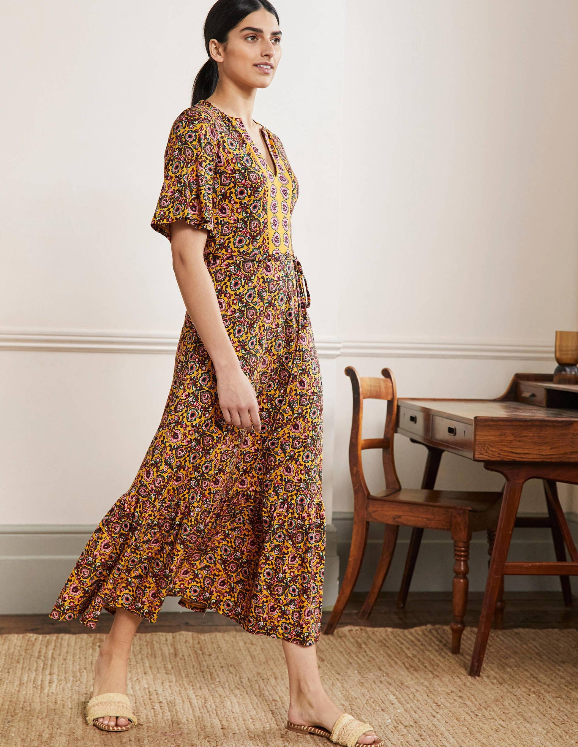 Robe longue à col cranté en jersey-Rayon de miel, motif Decorative Bloom-1