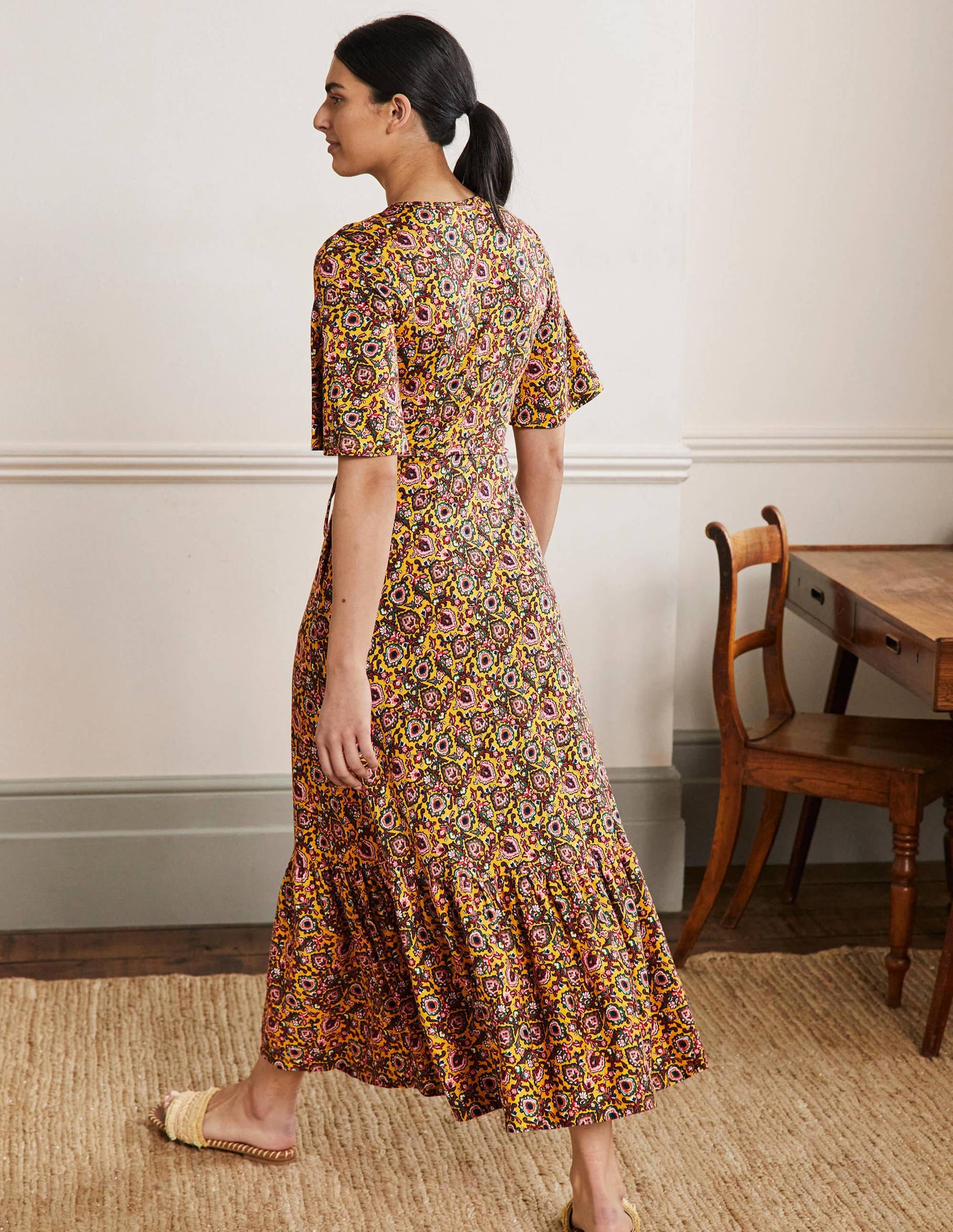 Robe longue à col cranté en jersey-Rayon de miel, motif Decorative Bloom-3