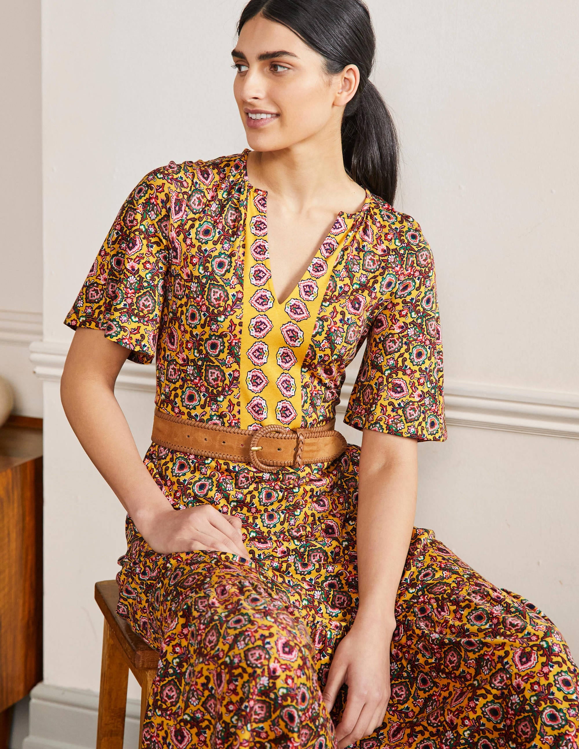 Robe longue à col cranté en jersey-Rayon de miel, motif Decorative Bloom - Image 4