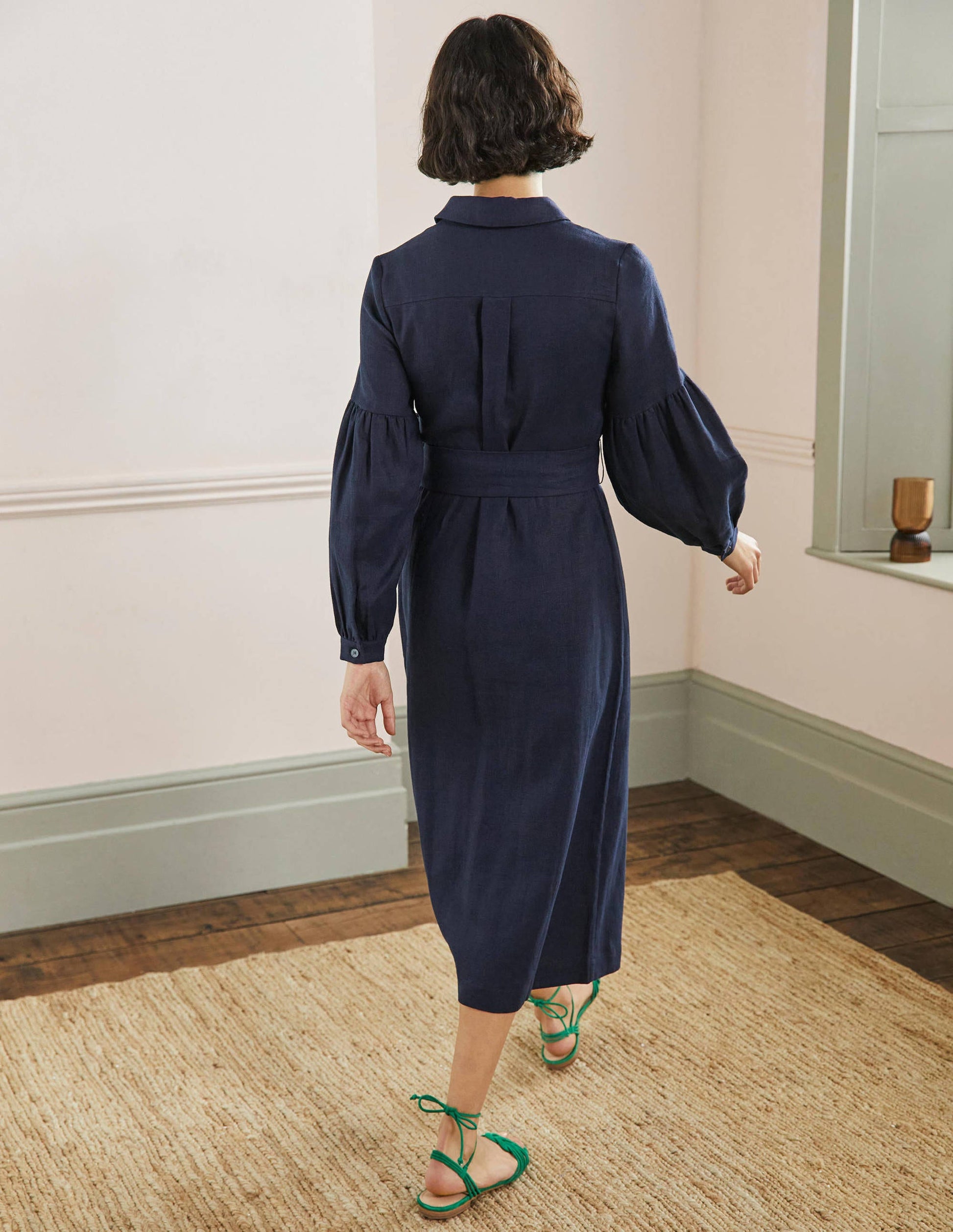 Midi-Hemdblusenkleid mit Detail am Ärmel-Marineblau-3