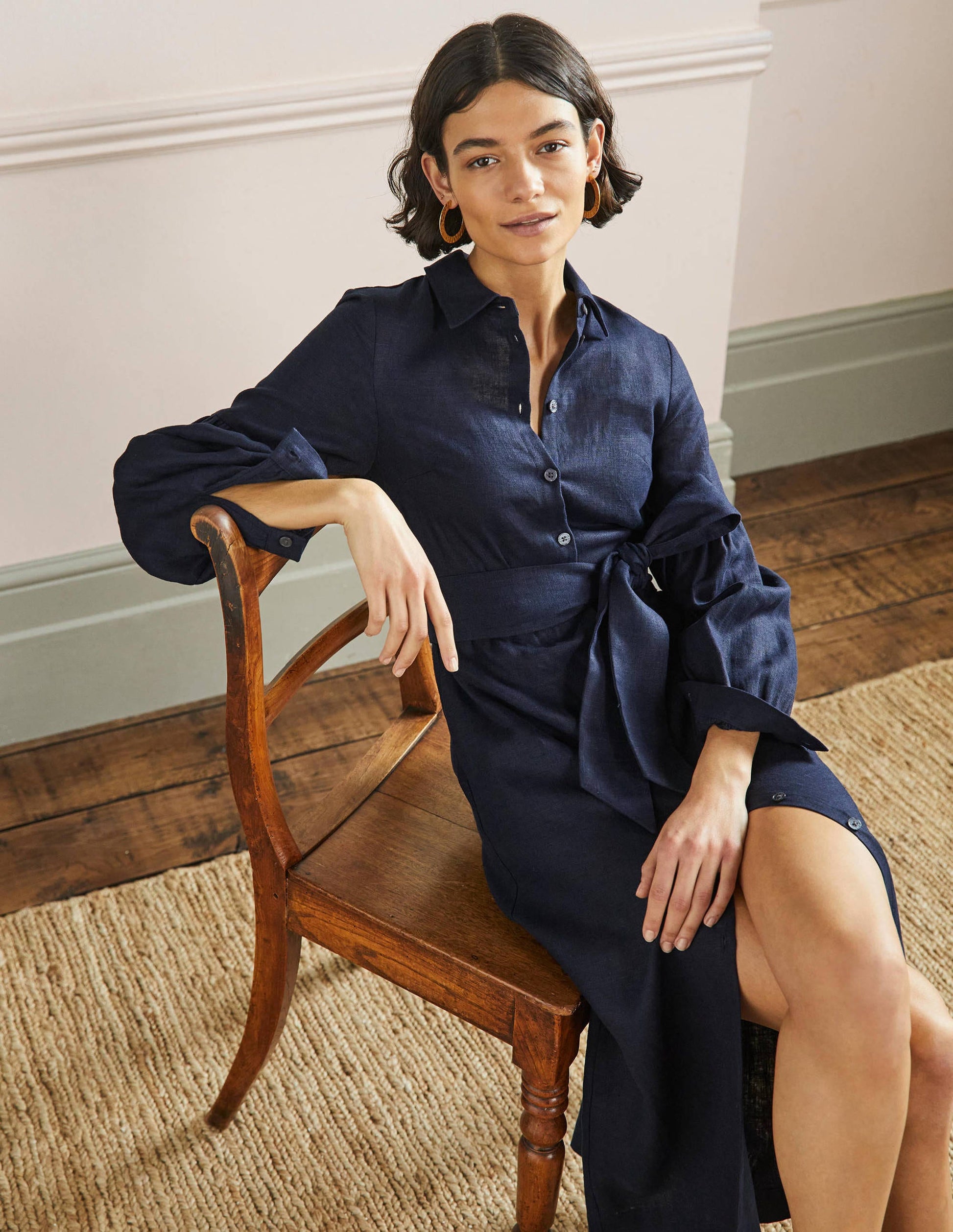 Midi-Hemdblusenkleid mit Detail am Ärmel-Marineblau-4