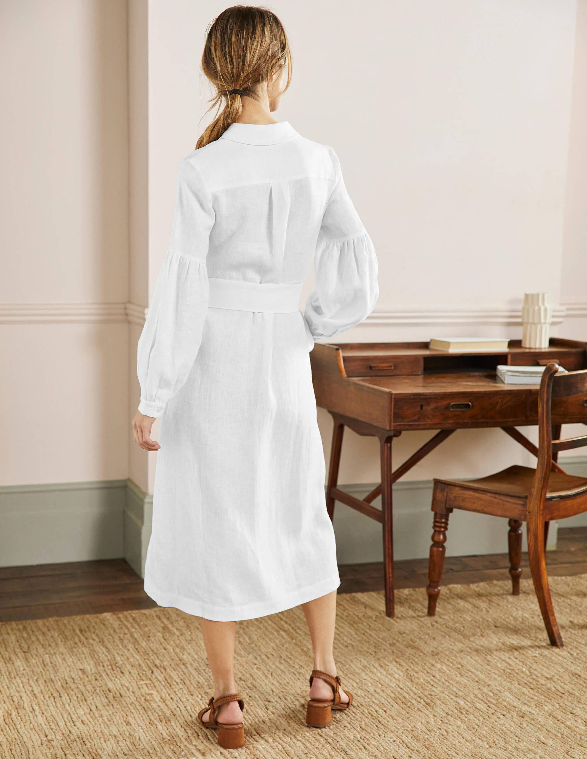 Sleeve Detail Midi Shirt Dress-White - Image 4