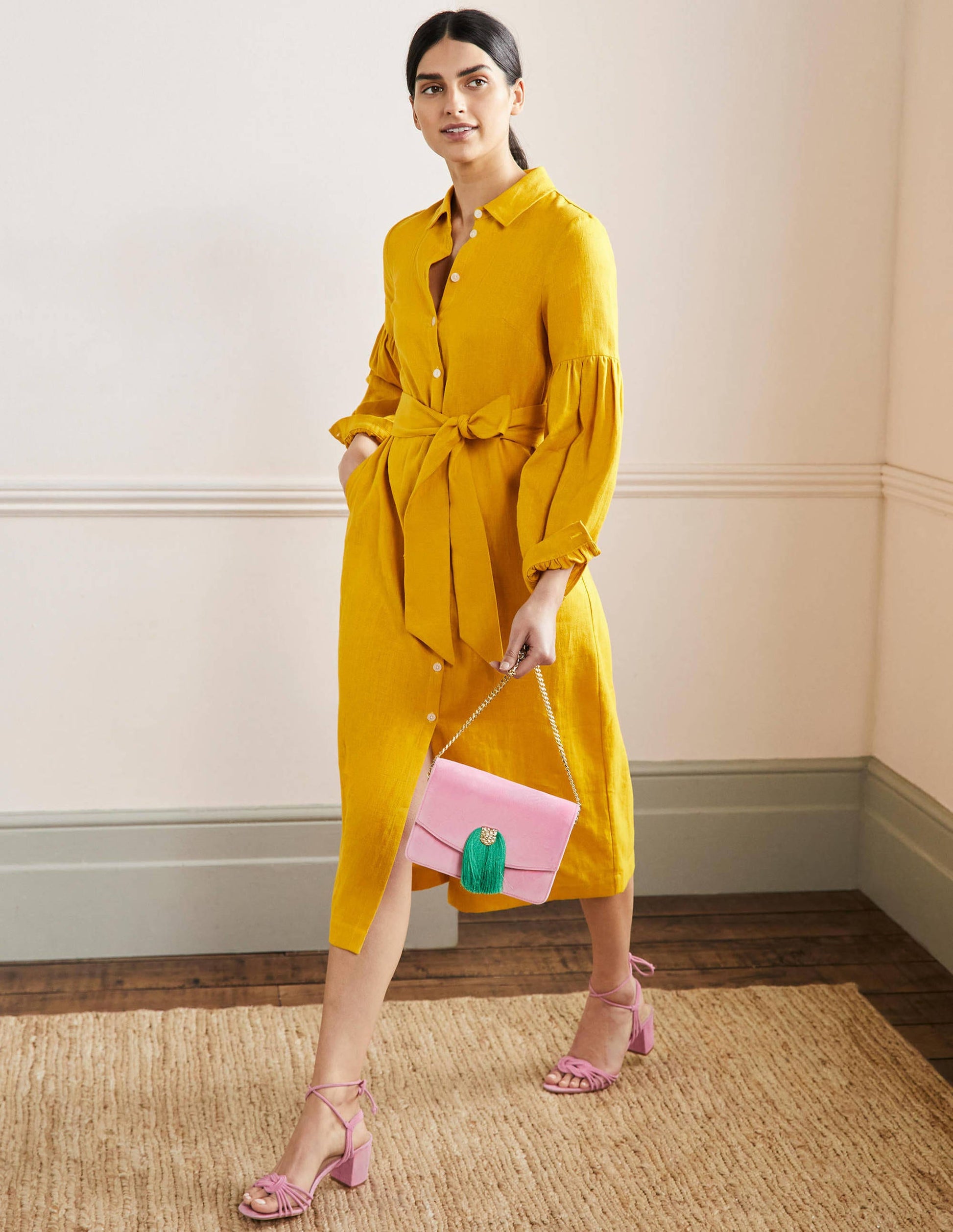 Robe-chemise midi à manches blousantes-Rayon de miel-4