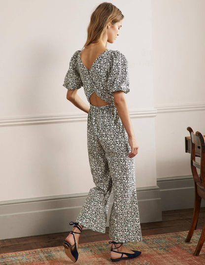 Jumpsuit mit Rückenausschnitt-Schwarz, Wildblumenzweige