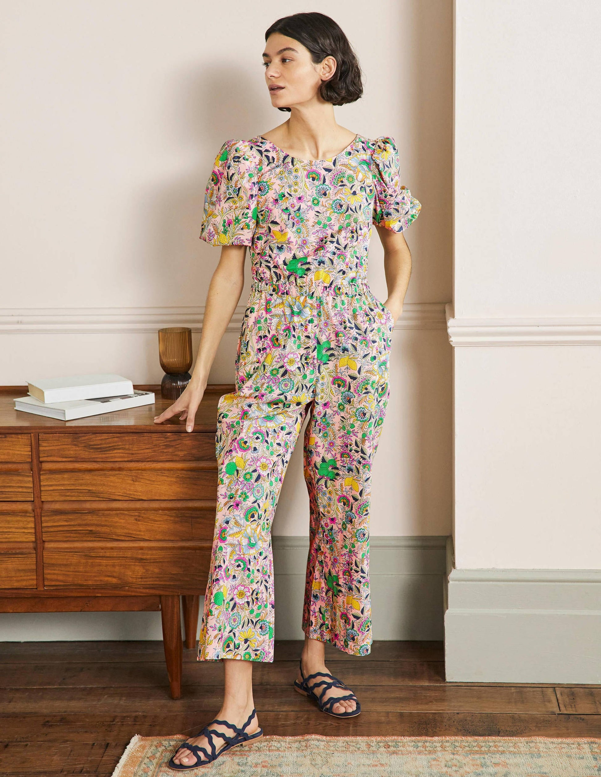 Back Detail Jumpsuit-Pink Tropic Meadow-1