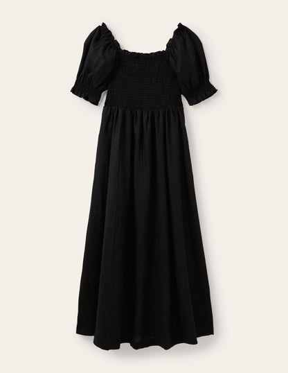 Robe midi avec corsage à smocks-Noir