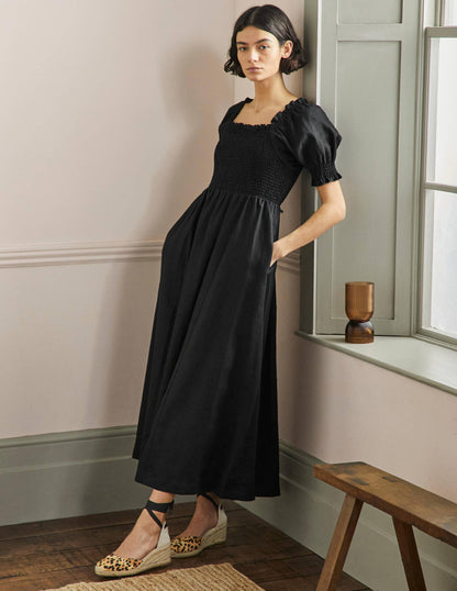 Robe midi avec corsage à smocks-Noir