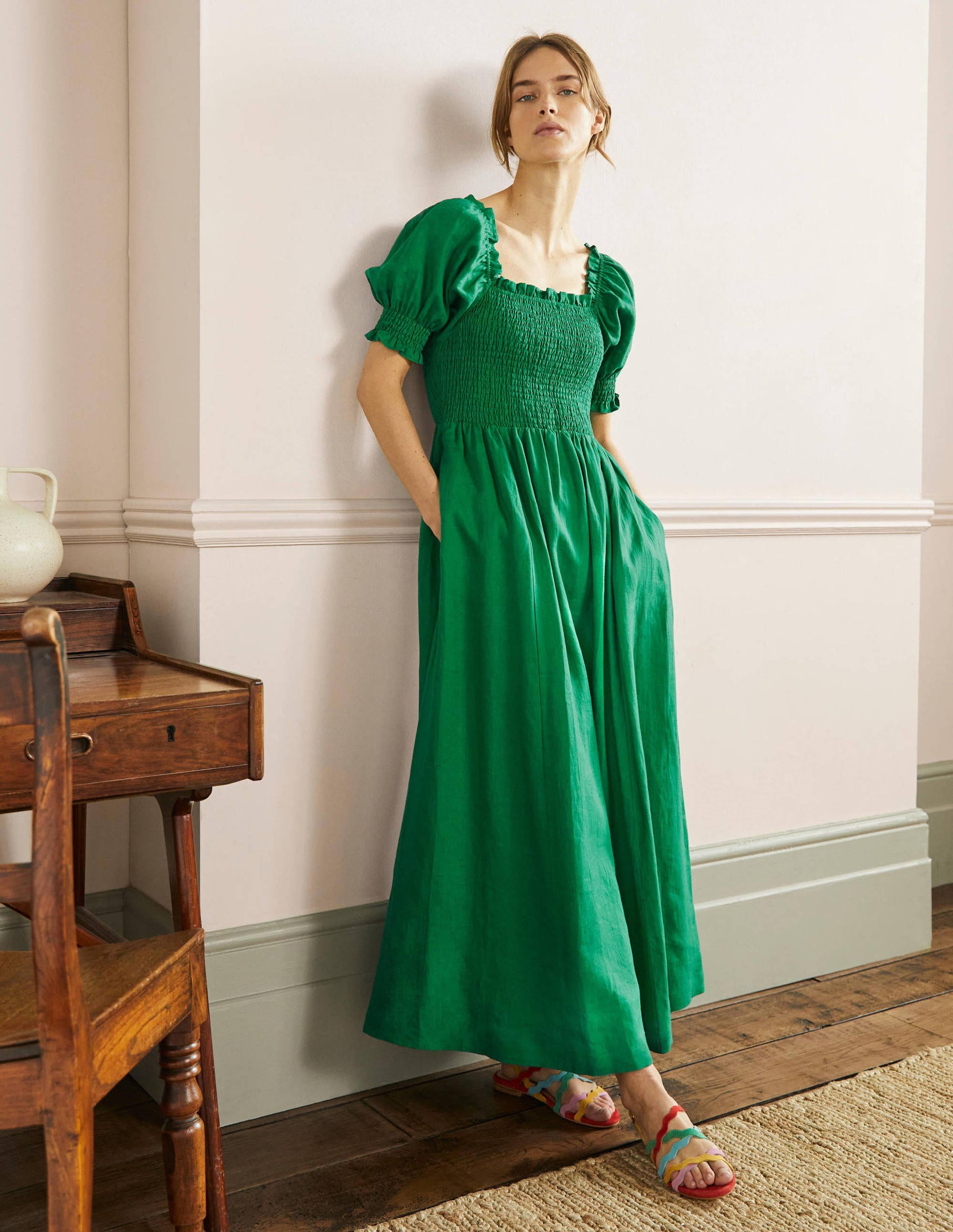 Smocked Bodice Midi Dress-Highland Green-1