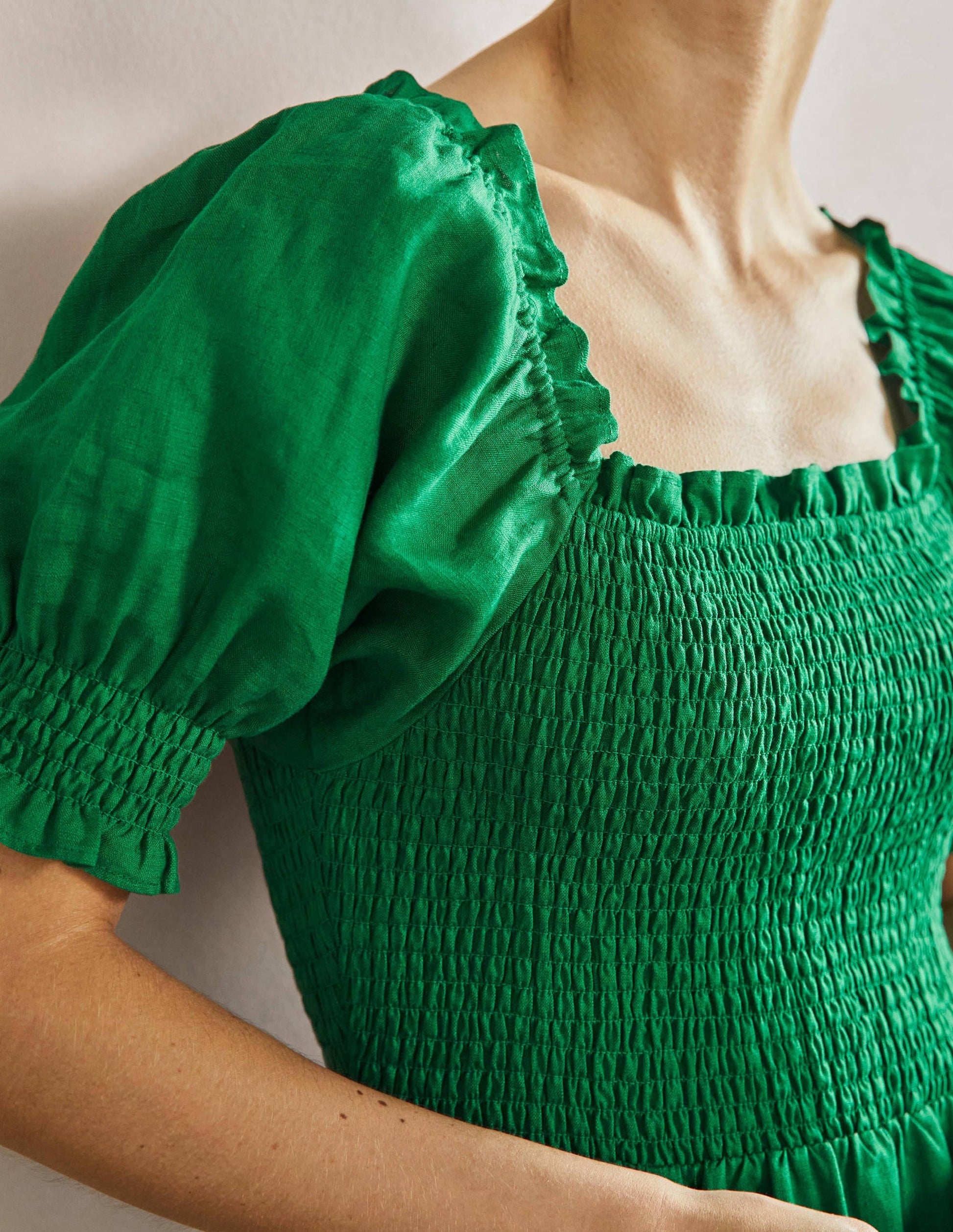 Smocked Bodice Midi Dress-Highland Green-2