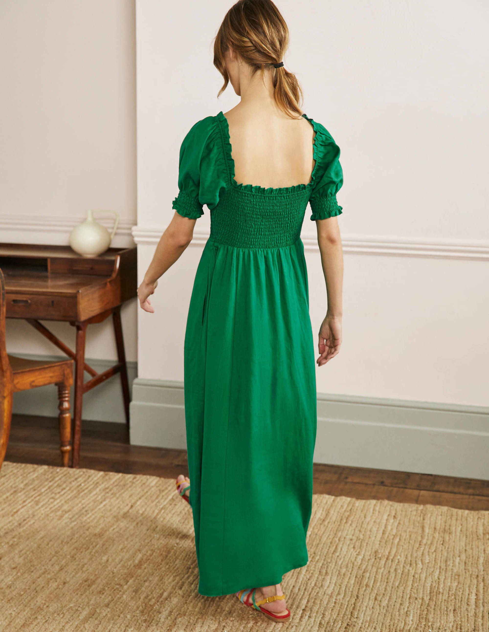 Smocked Bodice Midi Dress-Highland Green - Image 3