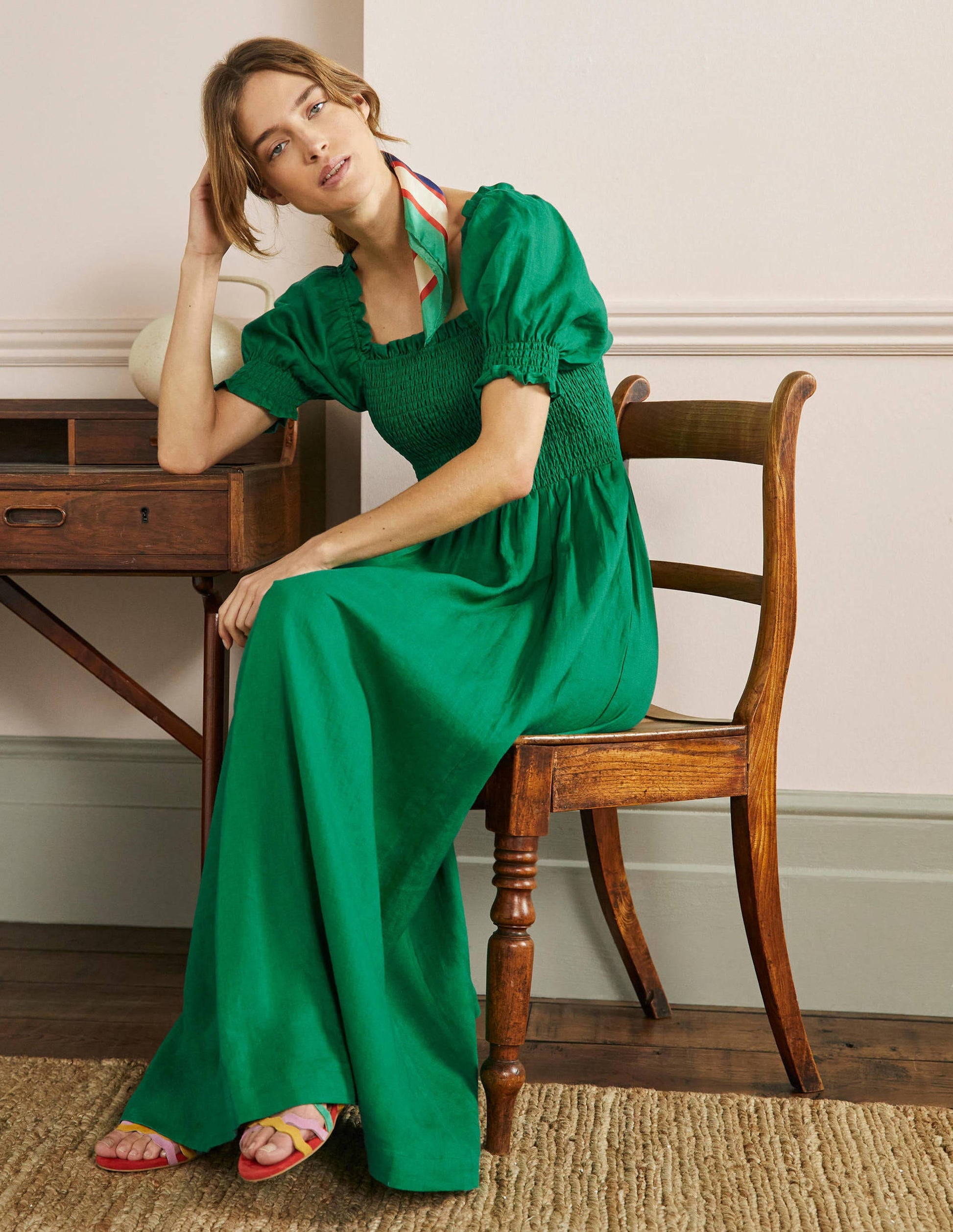 Smocked Bodice Midi Dress-Highland Green-4