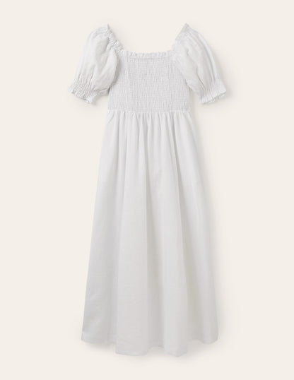 Midikleid mit gesmoktem Oberteil-Weiß