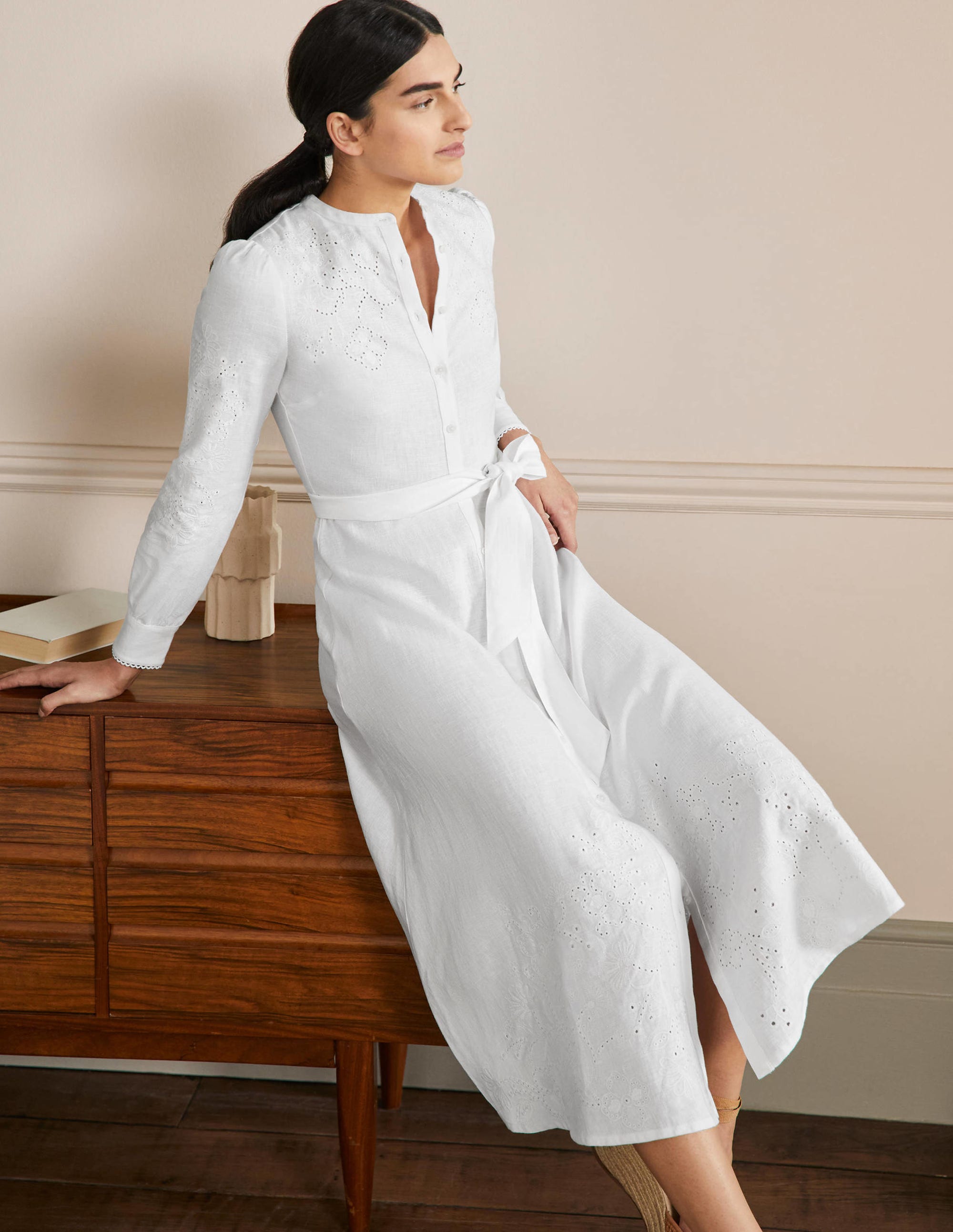 Cut Work Midi Shirt Dress-White - Image 6