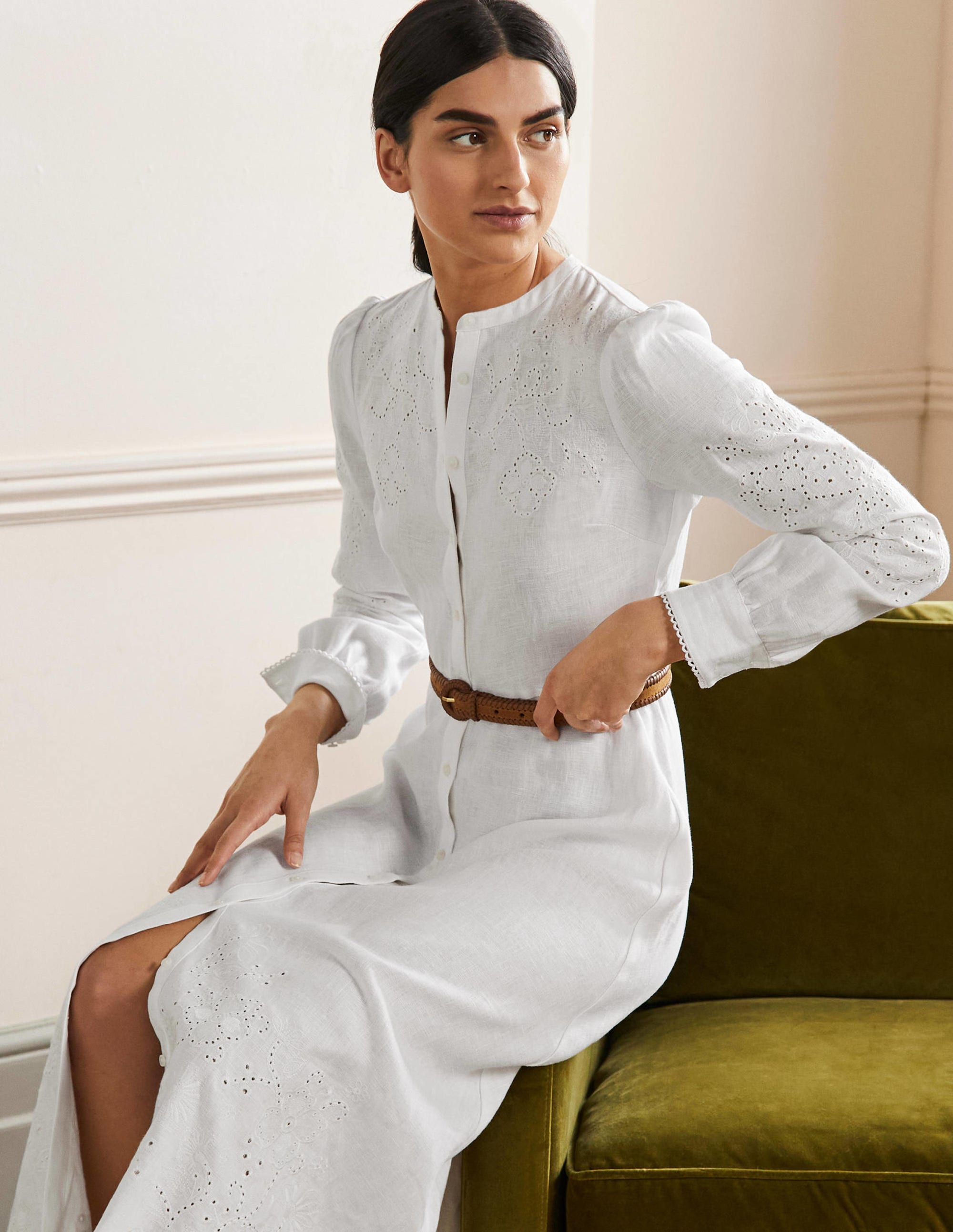 Cut Work Midi Shirt Dress-White - Image 9