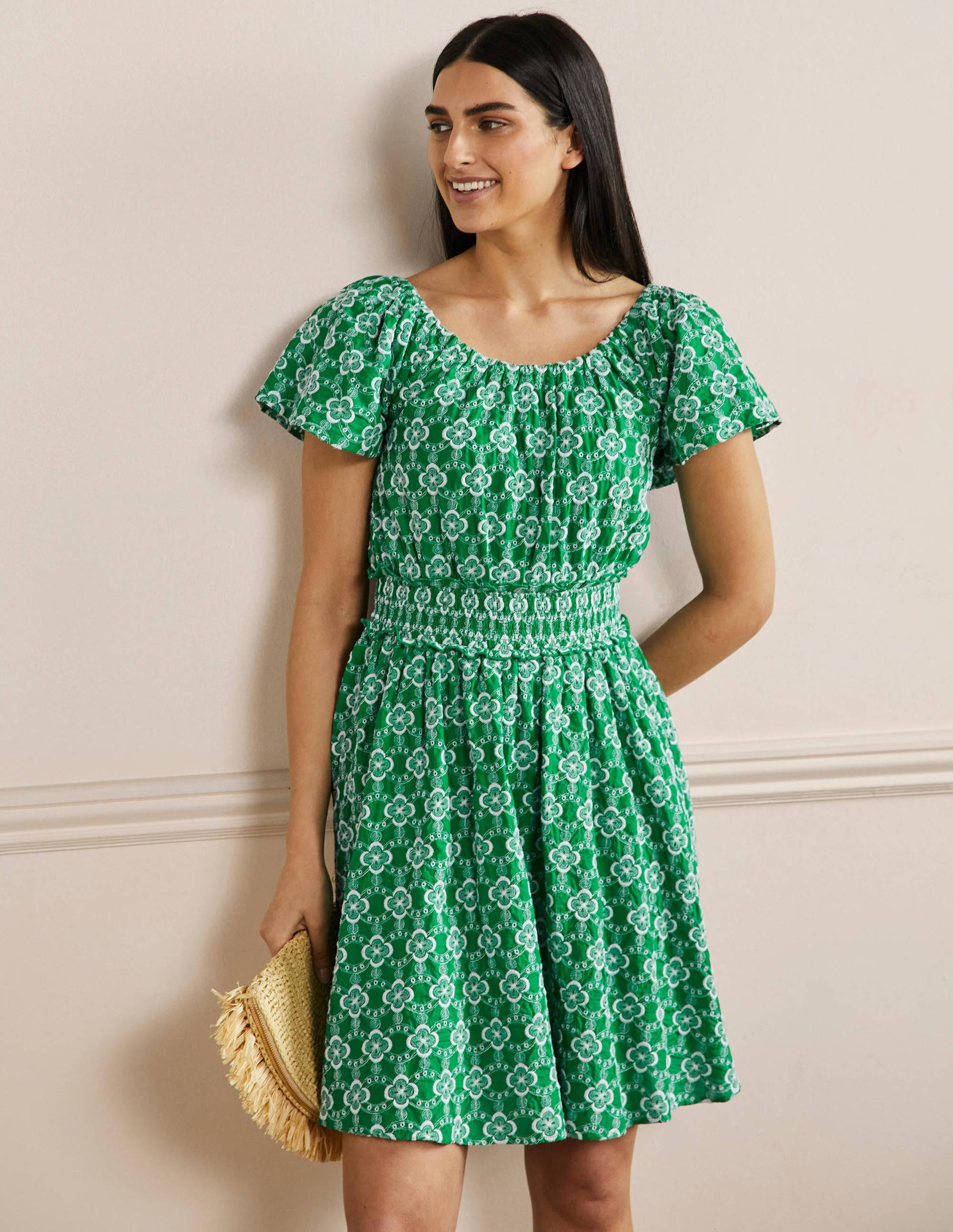 Besticktes Kleid mit Rundhalsausschnitt-Grün, Geometrisches Muster-1