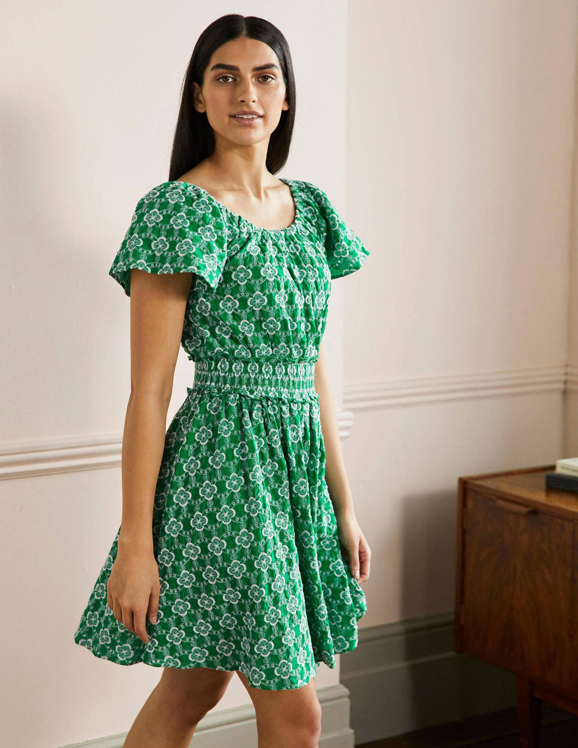 Besticktes Kleid mit Rundhalsausschnitt-Grün, Geometrisches Muster-4