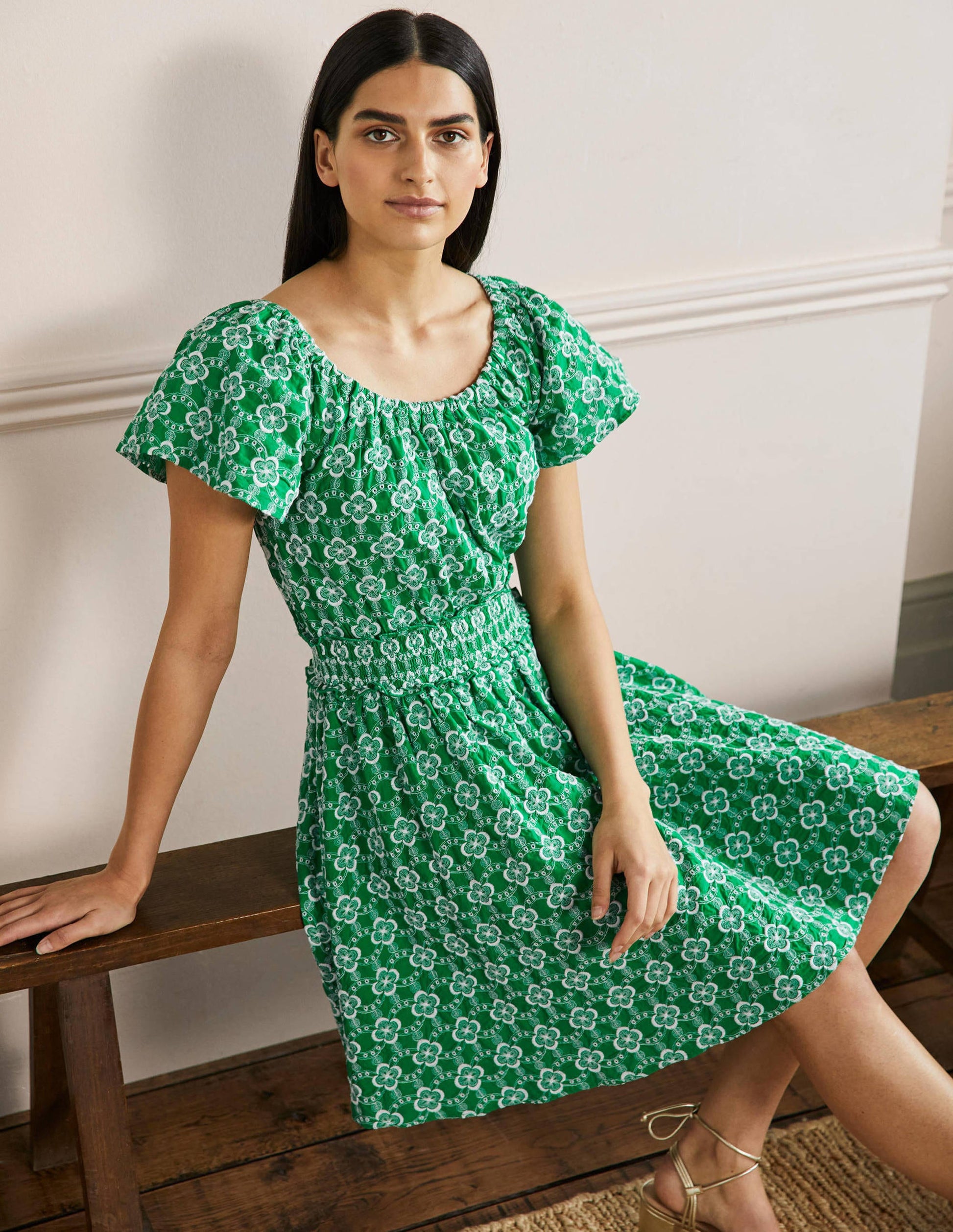 Besticktes Kleid mit Rundhalsausschnitt-Grün, Geometrisches Muster-5