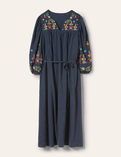 Jersey-Midikleid mit Stickerei-Marineblau