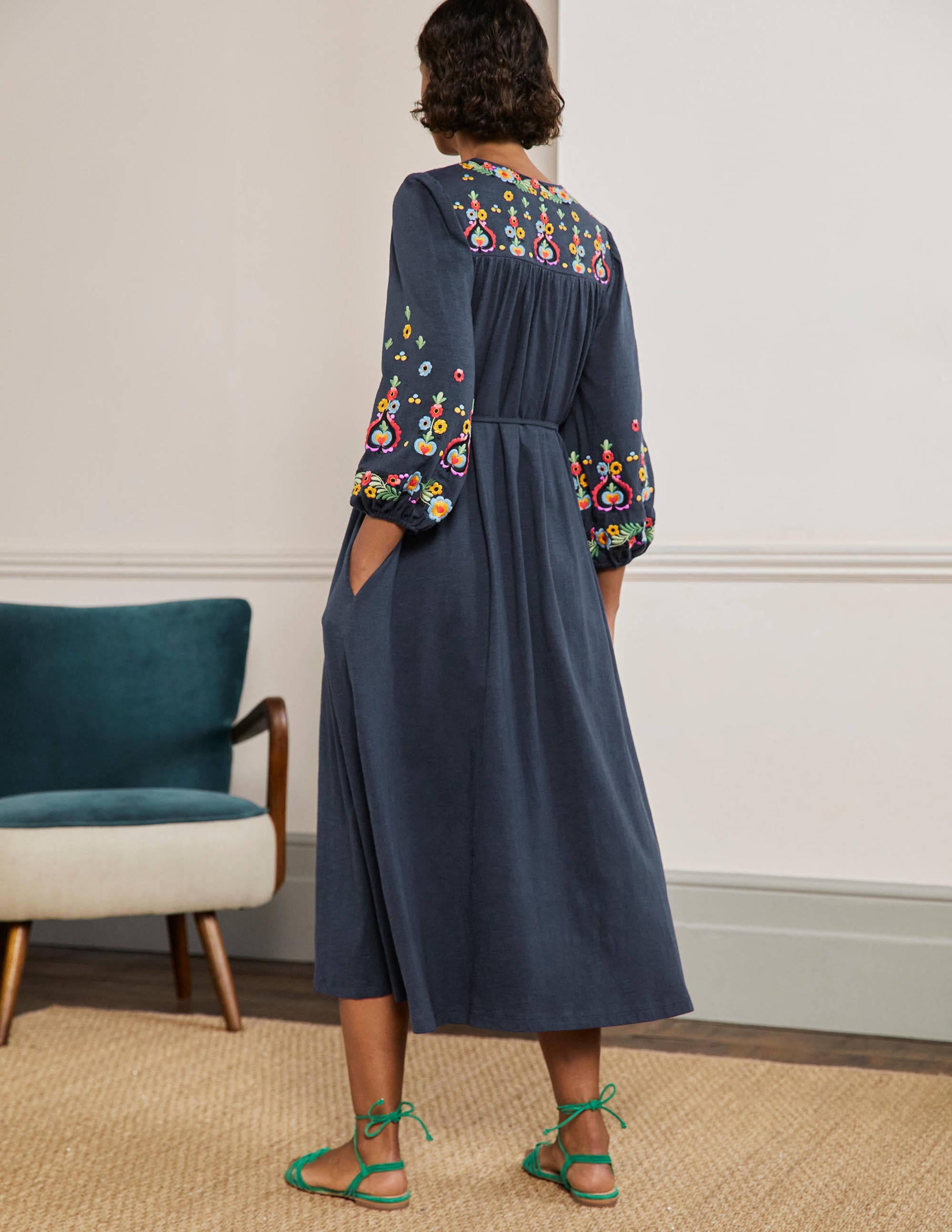 Robe midi brodée en jersey-Bleu marine - Image 3
