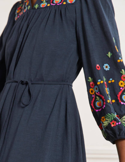 Jersey-Midikleid mit Stickerei-Marineblau