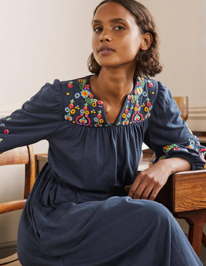 Jersey-Midikleid mit Stickerei-Marineblau