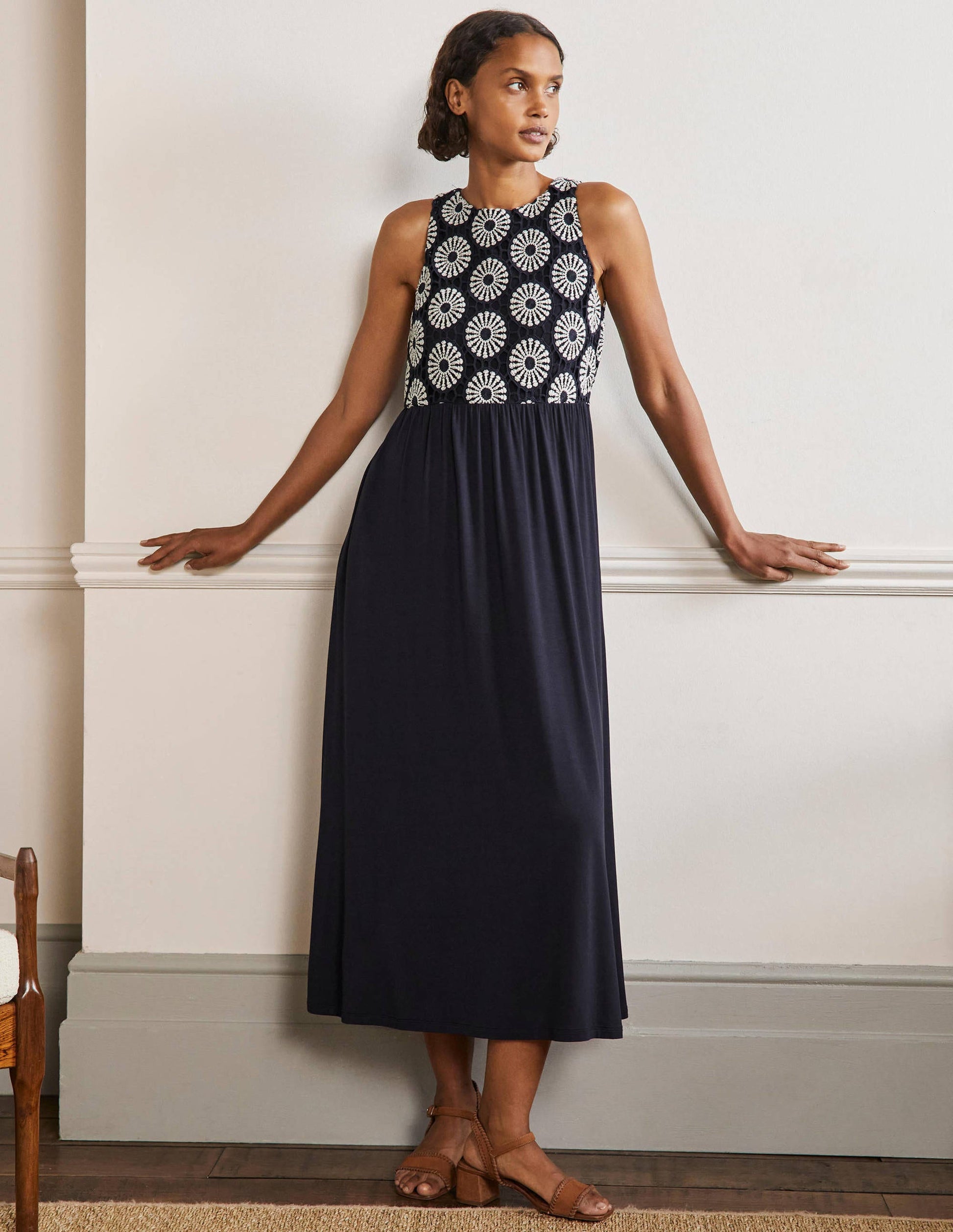 Robe midi en jersey et crochet-Bleu marine-1
